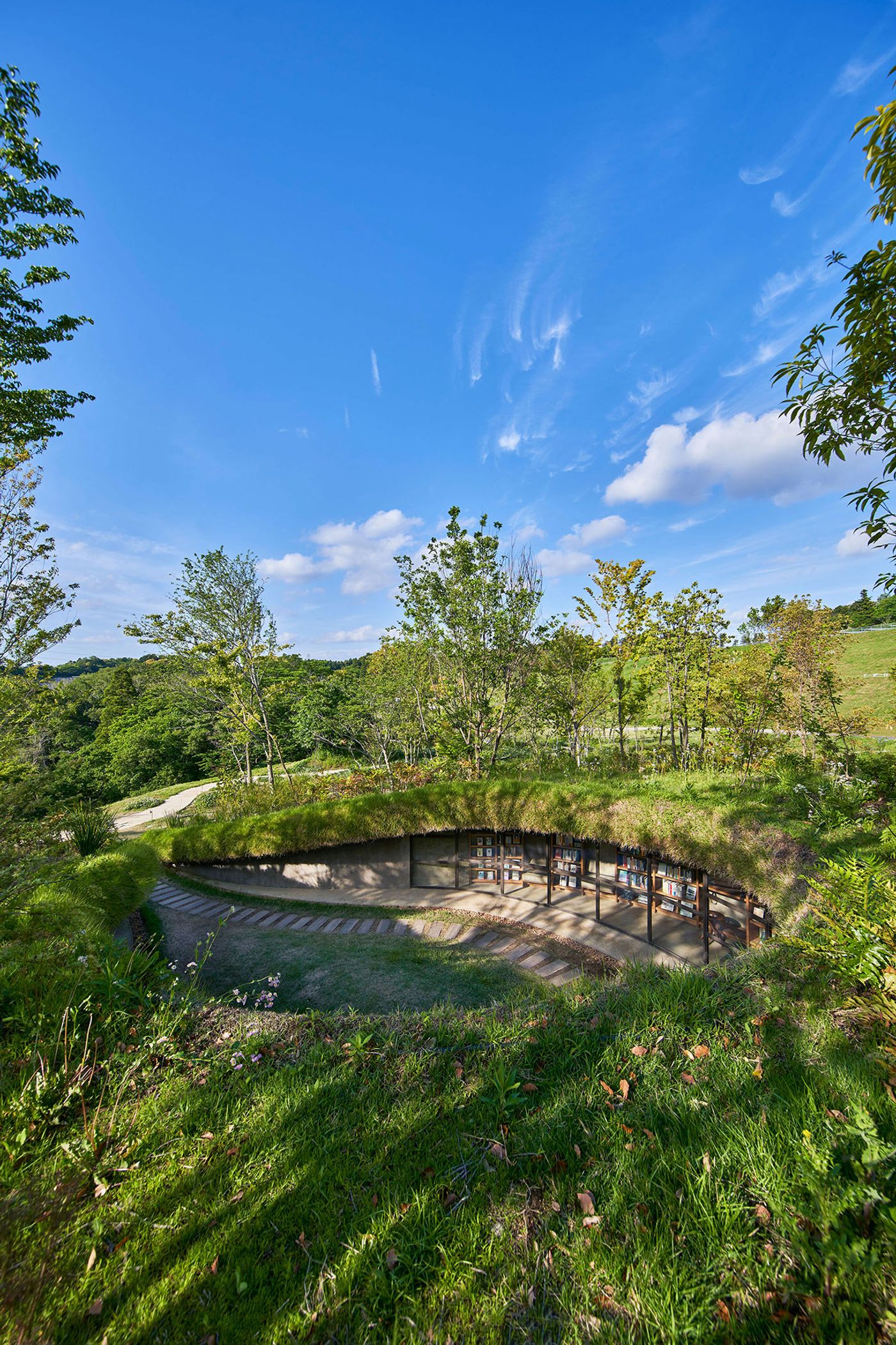 A lush, green hillside with a sunken library structure surrounded by trees and a clear blue sky dotted with clouds. A lush, green hillside with a sunken library structure surrounded by trees and a clear blue sky dotted with clouds.