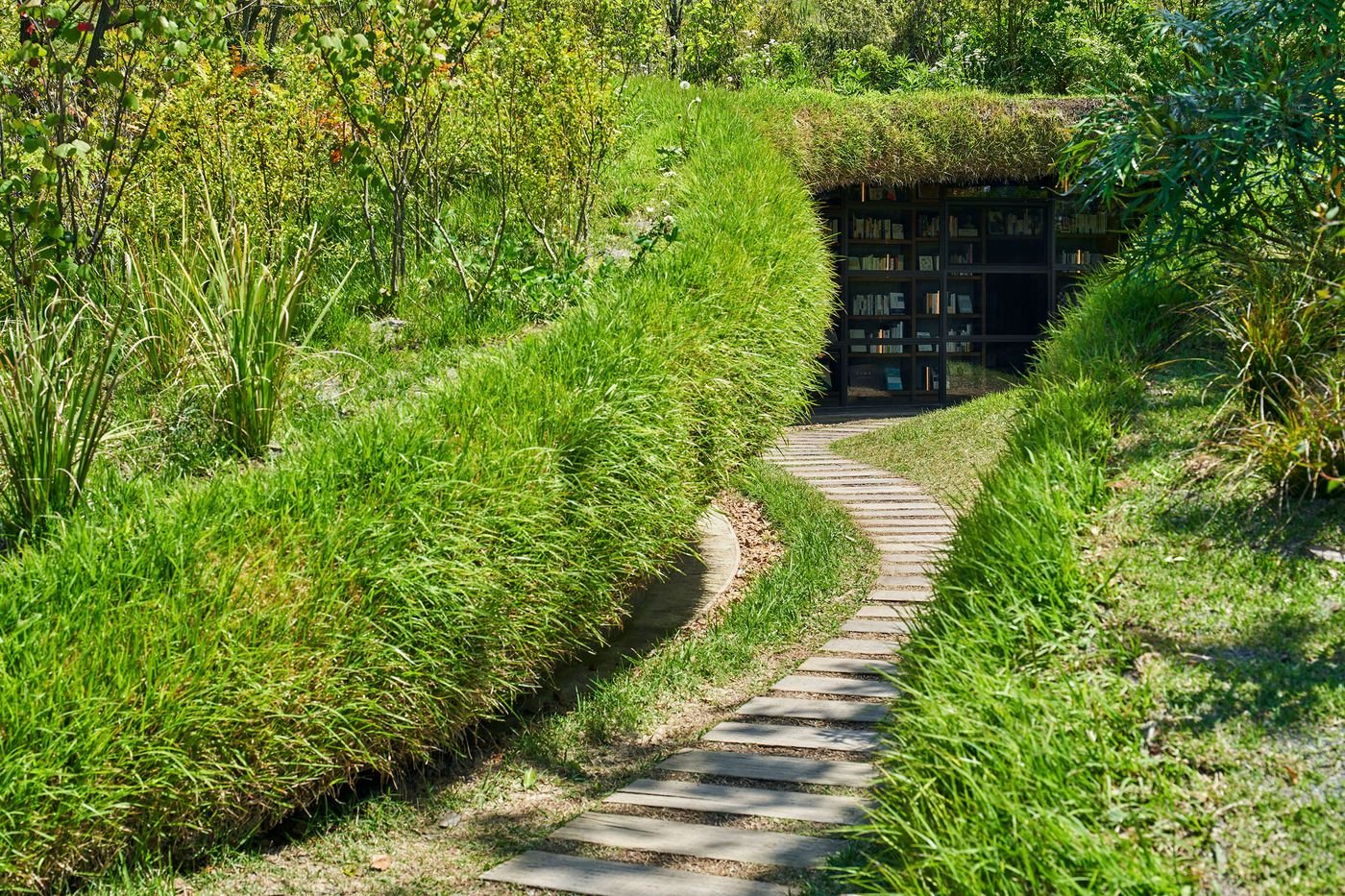 A winding stone path leads to a library nestled in a grassy mound, surrounded by lush greenery and trees. A winding stone path leads to a library nestled in a grassy mound, surrounded by lush greenery and trees.