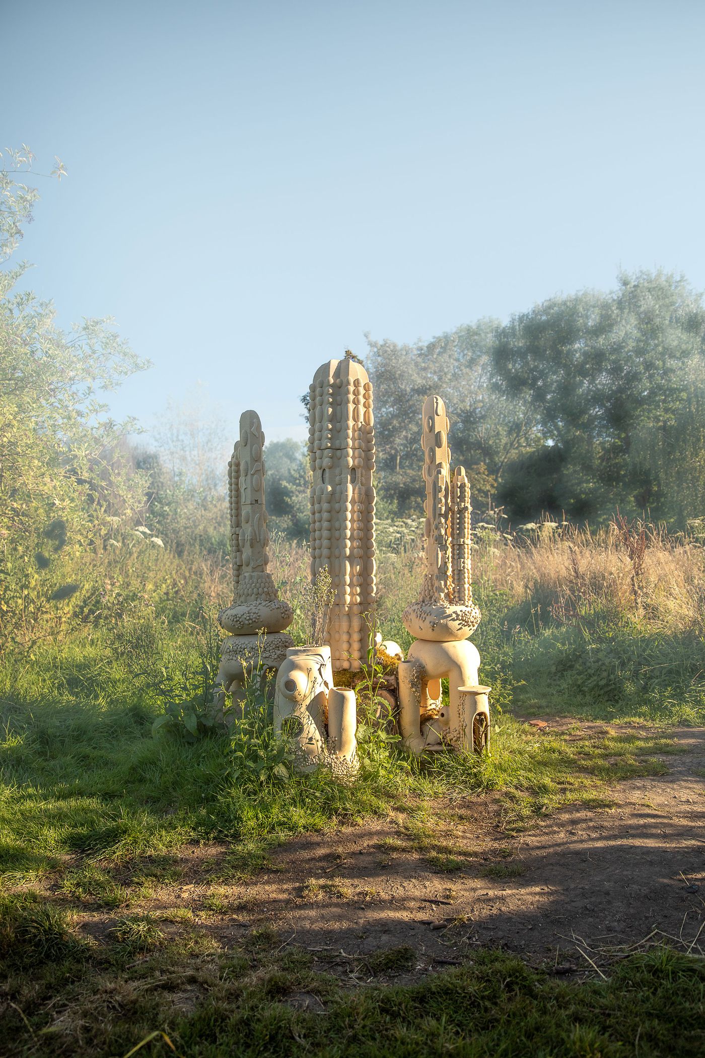 Four abstract stone sculptures surrounded by tall grass and trees in a misty outdoor setting, suggesting an artistic installation. Four abstract stone sculptures surrounded by tall grass and trees in a misty outdoor setting, suggesting an artistic installation.