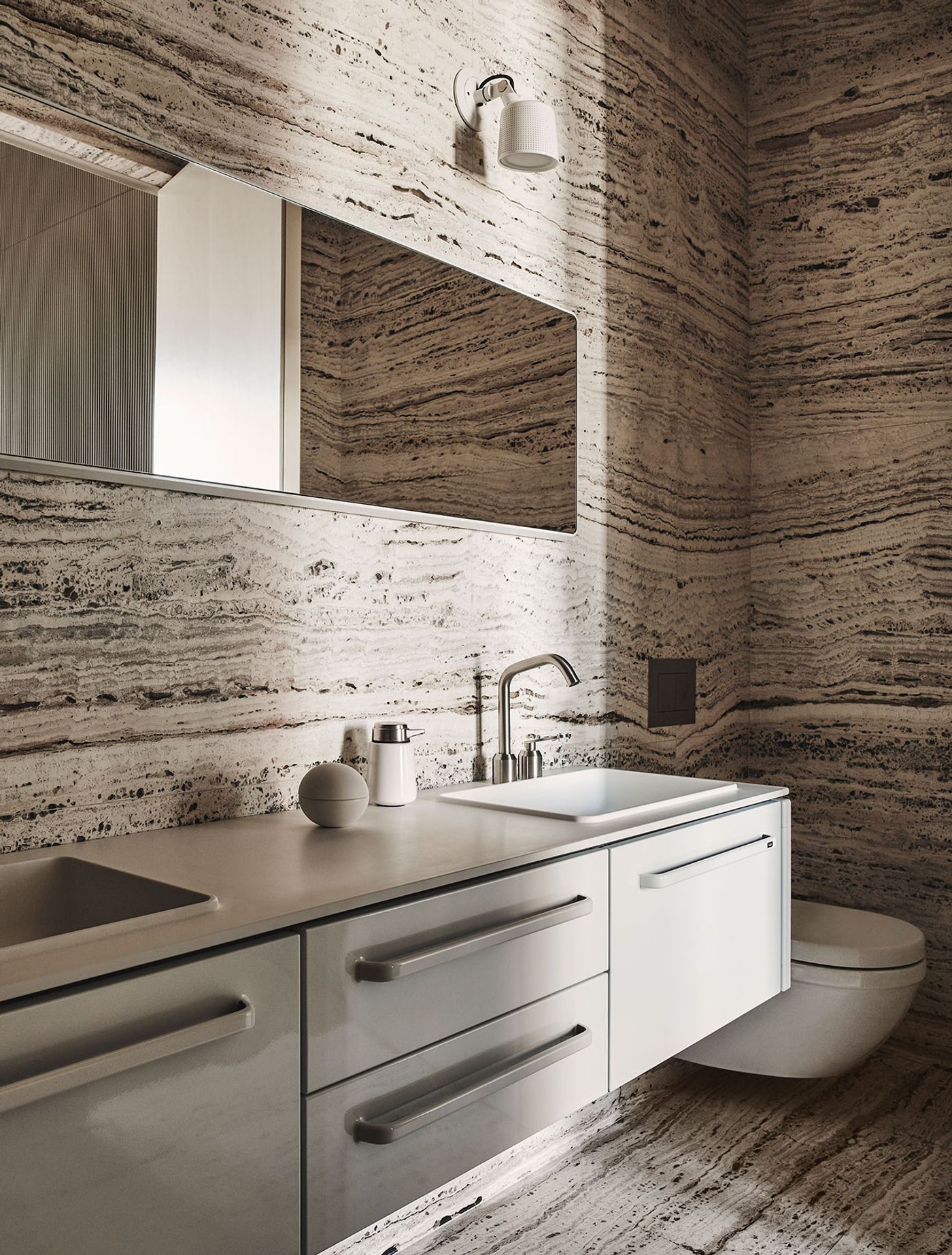 Photography by Adrian Gaut. Styling by Colin King. © Vipp
Master bathroom: Perisian travertine, White Vipp pendant lights, White Vipp Bathroom Module, Large, Vipp Bathroom Mirror, Large.