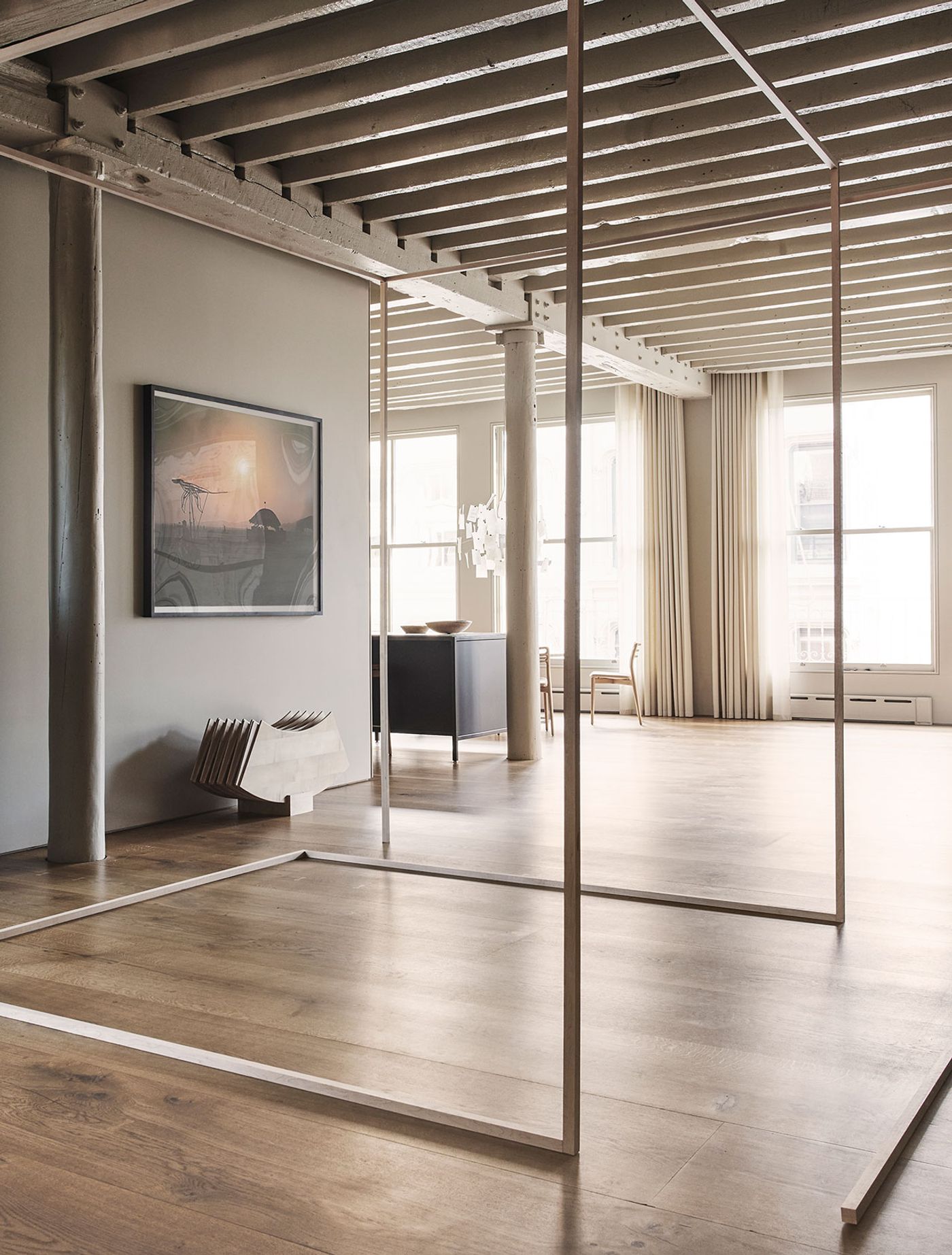 Photography by Adrian Gaut. Styling by Colin King. © Vipp
Featured: “Firefly" by Anders Overgaard, part of his Burning Man Series (photo on wall), Poul Kjaerholm PK 54 table expandes as sculpture, wood sculpture “9’ x 9’ x 9’” by Lawrence Kenny, Farrow &amp; Ball "Drop Cloth" paint.
