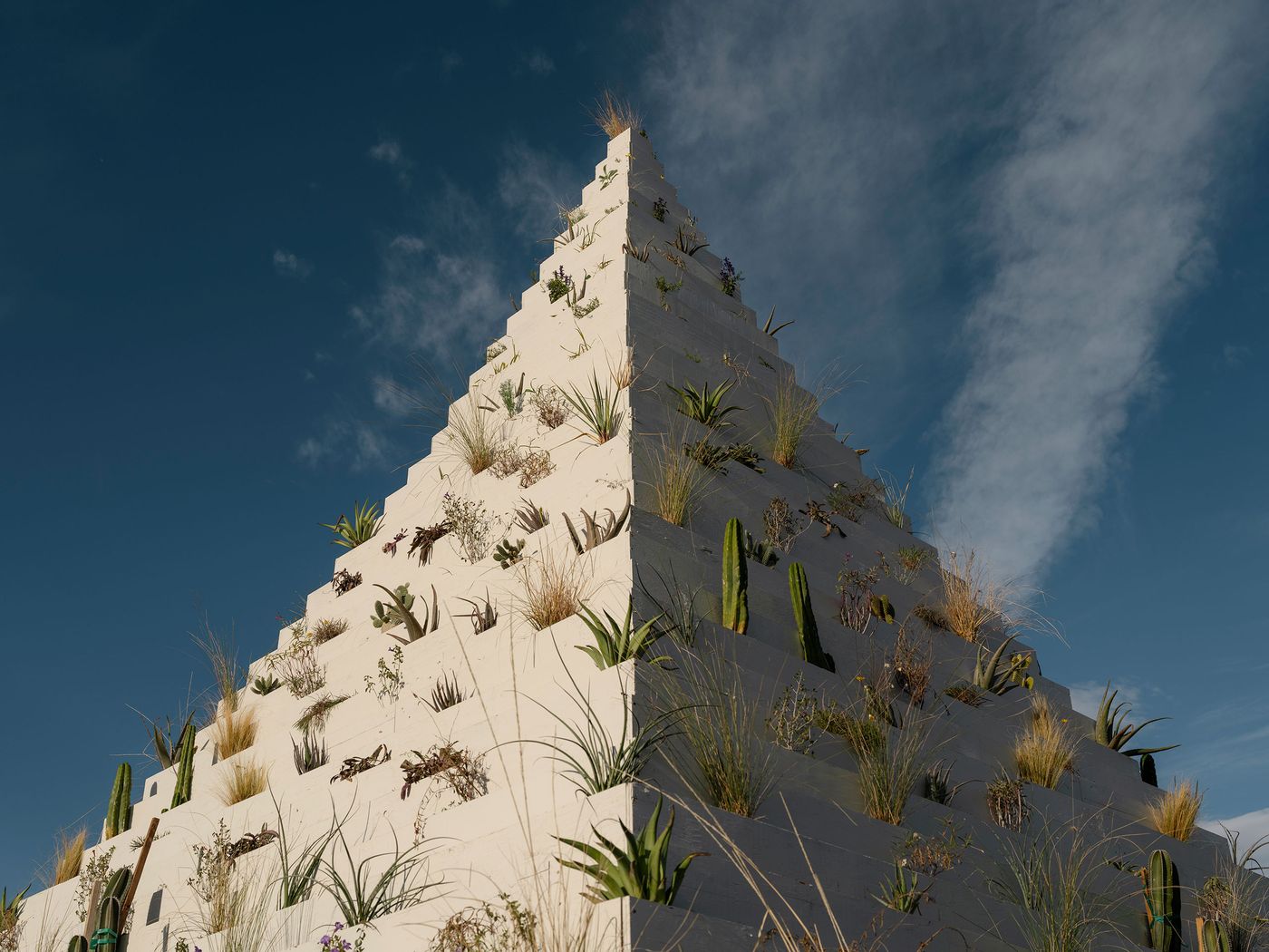 A modern pyramid structure adorned with various plants and cacti against a clear blue sky, showcasing innovative vertical gardening. A modern pyramid structure adorned with various plants and cacti against a clear blue sky, showcasing innovative vertical gardening.