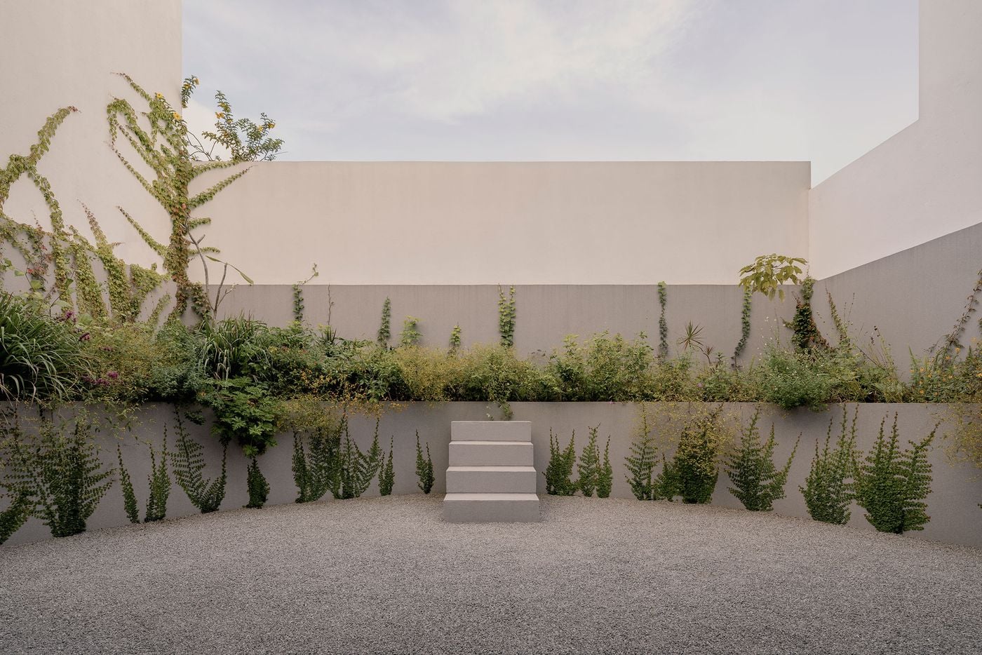 The rear courtyard distils the landscape into gravel, stepped planting and climbing vegetation, creating a calm counterpoint to Casa Tlaloc’s rigorous architecture. A short flight of monolithic steps is centred within the composition, while layered greenery spills over the retaining wall and gradually colonises the pale grey enclosure. The rear courtyard distils the landscape into gravel, stepped planting and climbing vegetation, creating a calm counterpoint to Casa Tlaloc’s rigorous architecture. A short flight of monolithic steps is centred within the composition, while layered greenery spills over the retaining wall and gradually colonises the pale grey enclosure.