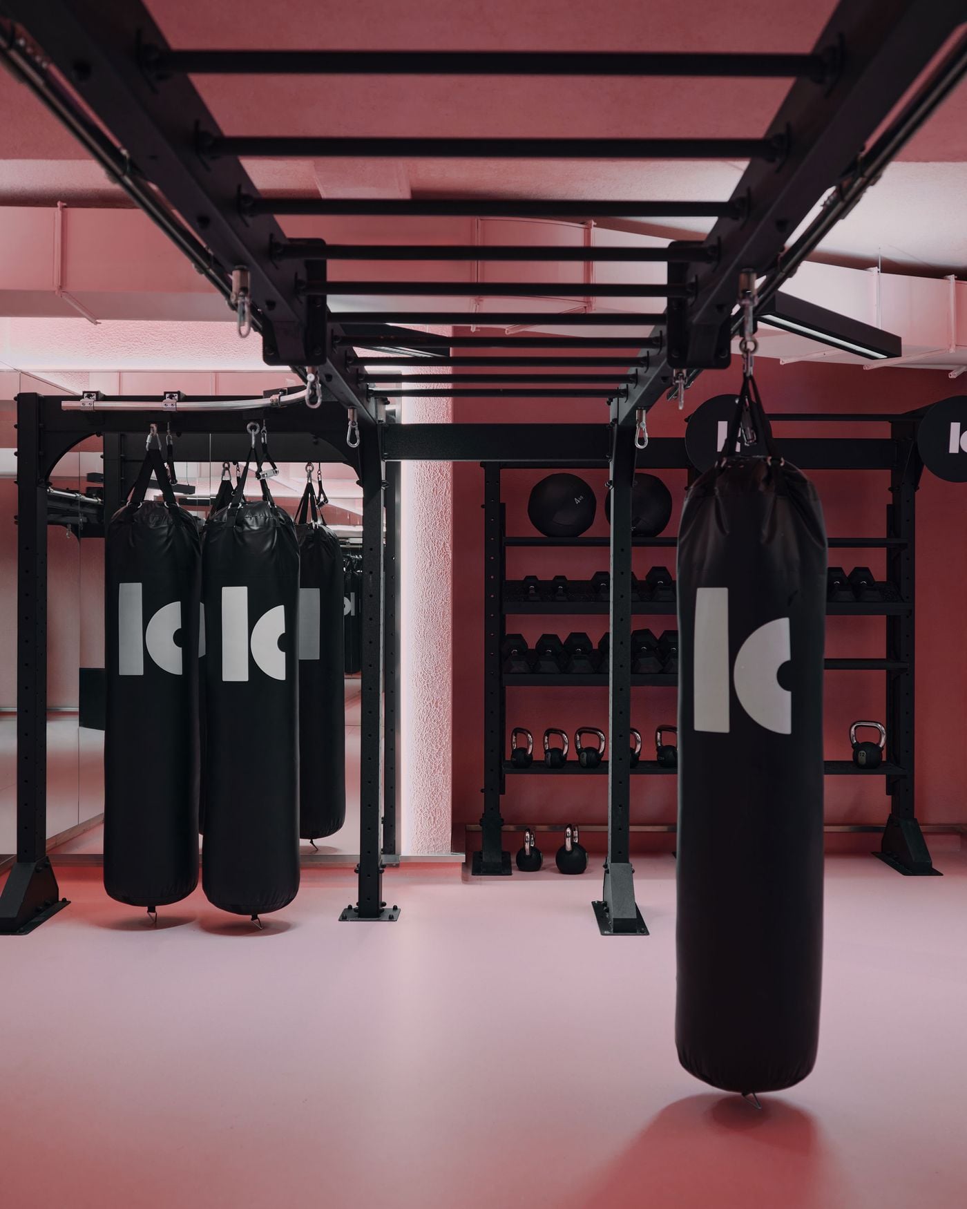 The athletic studio pairs black boxing bags and training rigs with a blush-pink floor and softly tinted ceiling, creating a striking contrast between toughness and colour. Integrated shelving displays kettlebells and medicine balls, while mirrors expand the room and intensify its graphic, high-energy composition. The athletic studio pairs black boxing bags and training rigs with a blush-pink floor and softly tinted ceiling, creating a striking contrast between toughness and colour. Integrated shelving displays kettlebells and medicine balls, while mirrors expand the room and intensify its graphic, high-energy composition.