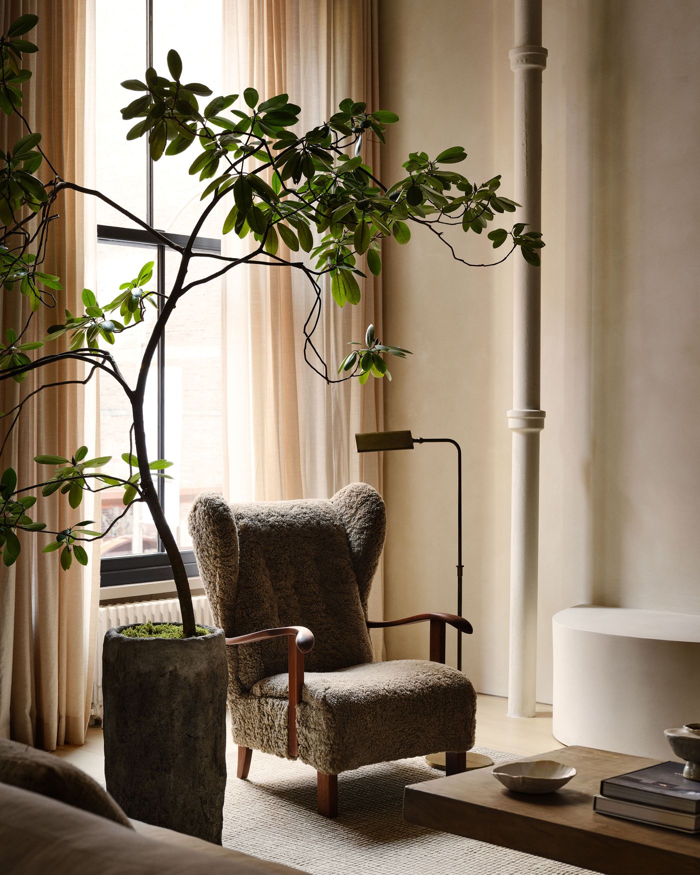 A cozy, textured armchair with wooden arms sits beside a tall indoor plant, illuminated by soft natural light through sheer curtains. A cozy, textured armchair with wooden arms sits beside a tall indoor plant, illuminated by soft natural light through sheer curtains.