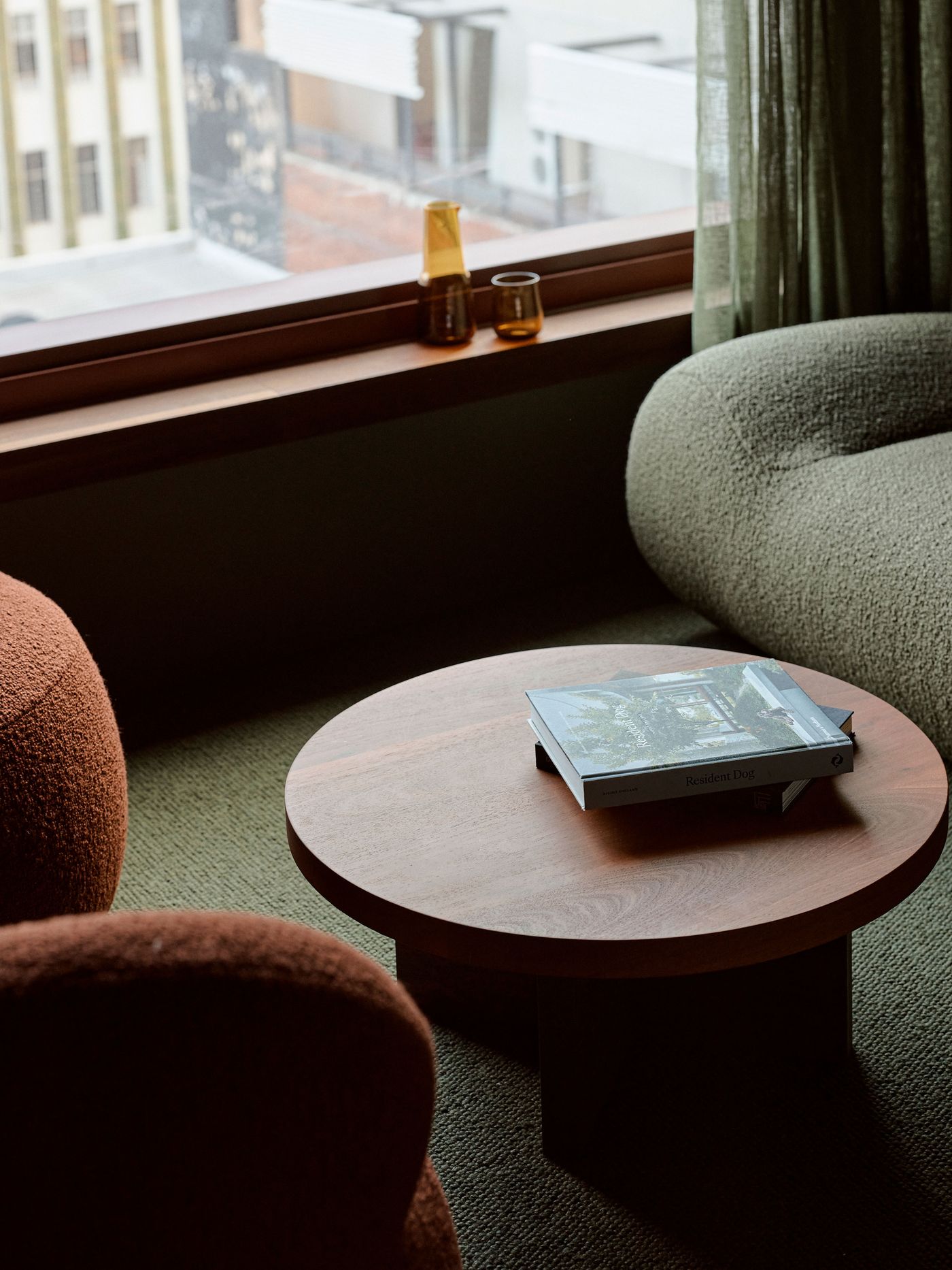 Cozy lounge area featuring two rounded chairs, a wooden coffee table, and a book titled "Resident Dog" near a window with green curtains.