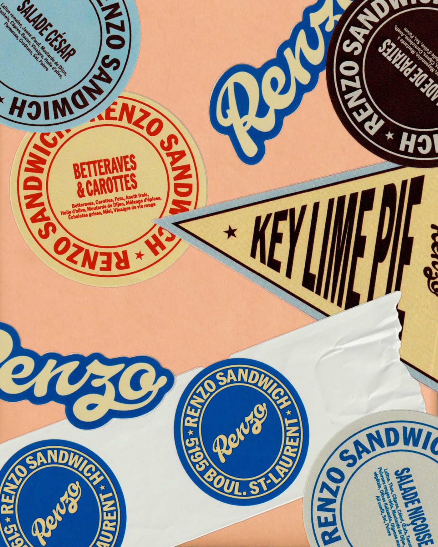A vibrant collage of Renzo Sandwich branding elements, including circular stickers detailing sandwich ingredients and logos with the distinctive "Renzo" script. A triangular element promoting "KEY LIME PIE" and other circular labels with the shop's address add to the visual narrative of the brand's identity.