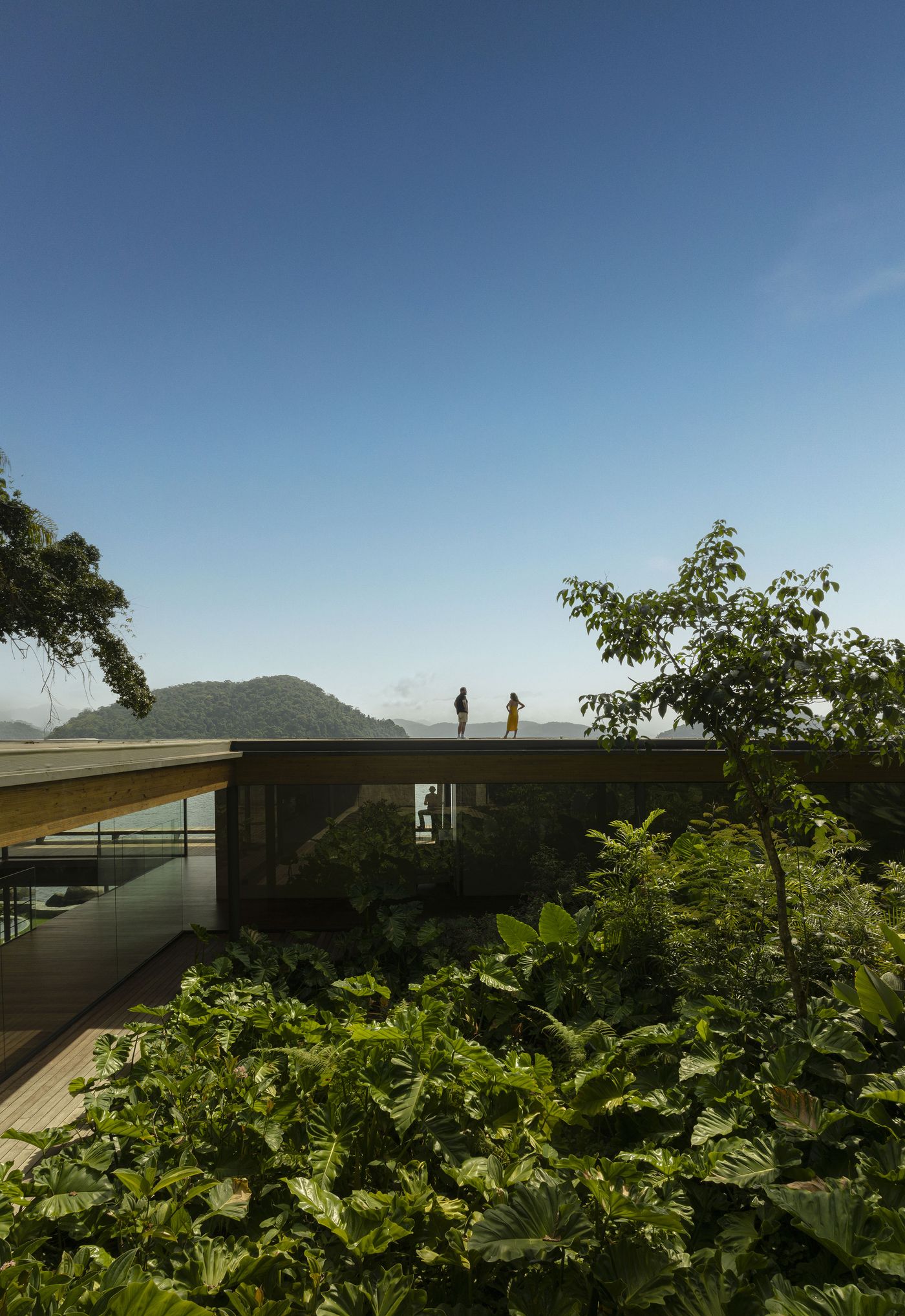 Two figures stand on the expansive, minimalist rooftop terrace, overlooking a vast, clear blue sky and distant verdant islands. The clean lines of the architecture are framed by a foreground of lush, tropical foliage, emphasizing the seamless connection between the modern dwelling and the breathtaking natural panorama.