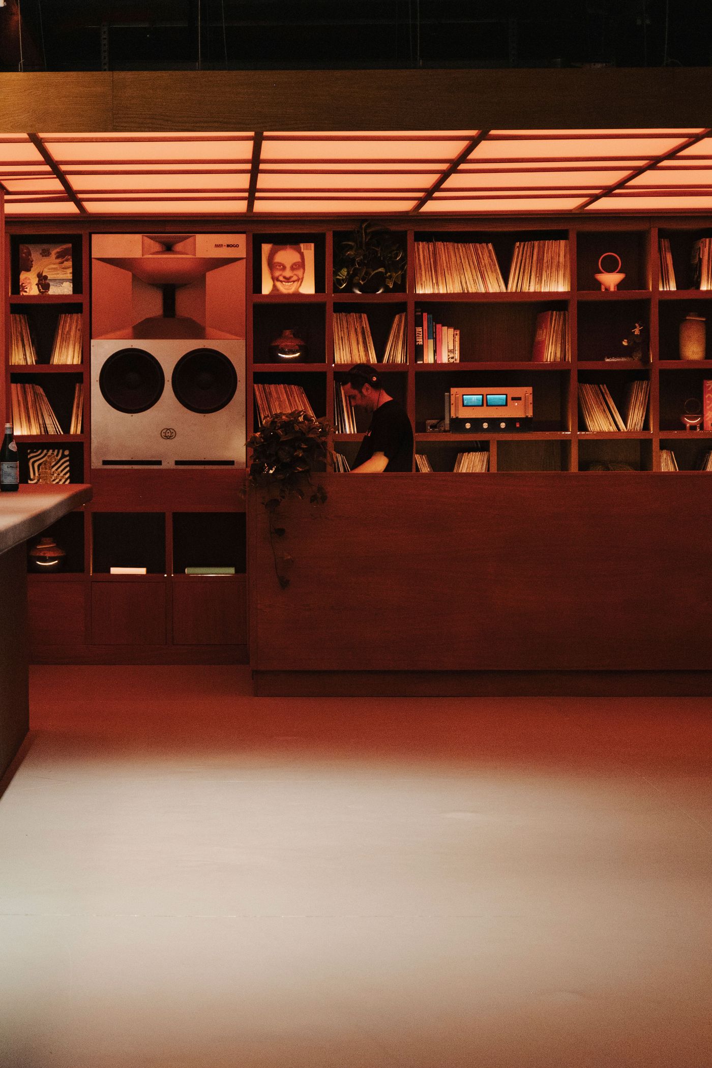 A cozy, warmly lit reception area with wooden shelves filled with records and decor, and a person at a reception desk.