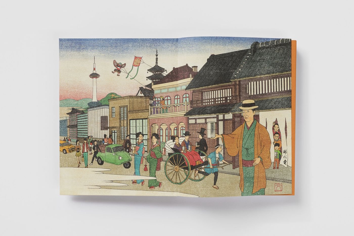 An open book displaying a vibrant street scene depicting bustling activity with traditional and modern architecture, rickshaws, and people in historical attire. An open book displaying a vibrant street scene depicting bustling activity with traditional and modern architecture, rickshaws, and people in historical attire.