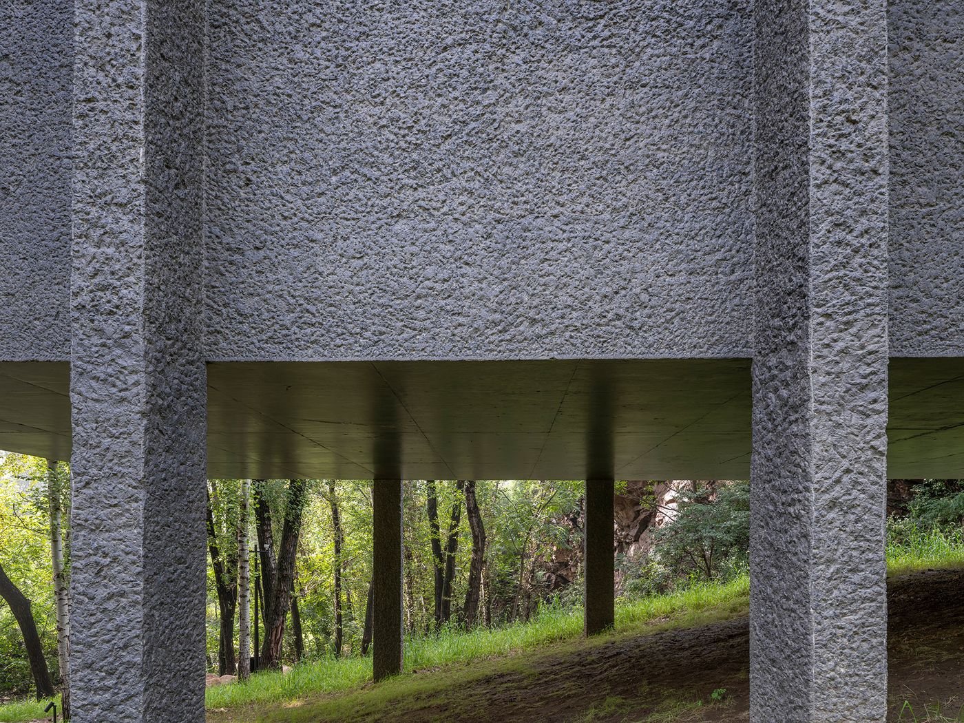 Underside view of a textured concrete structure supported by chunky pillars, surrounded by lush greenery and trees in a natural setting.