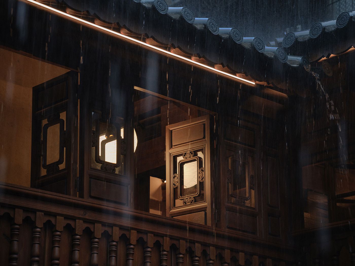 Rain cascades down the elegantly detailed wooden facade of a traditional building, illuminated softly from inside. Rain cascades down the elegantly detailed wooden facade of a traditional building, illuminated softly from inside.