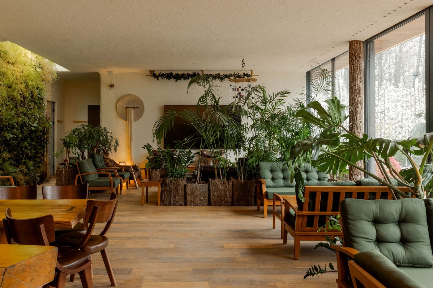 A cozy lounge with green plants, wooden seating, and natural light filtering through large windows, creating a serene atmosphere. A cozy lounge with green plants, wooden seating, and natural light filtering through large windows, creating a serene atmosphere.
