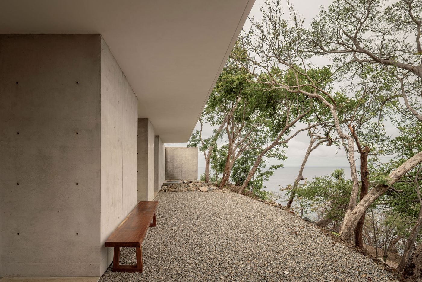 Beneath the cantilevered upper floor, a solid timber bench rests against exposed-concrete walls marked by neat rows of tie holes, facing a gravel terrace on the wooded slope. Twisting trunks lean towards the sea, while a freestanding concrete screen closes the view at the far end of this sheltered lower level. Beneath the cantilevered upper floor, a solid timber bench rests against exposed-concrete walls marked by neat rows of tie holes, facing a gravel terrace on the wooded slope. Twisting trunks lean towards the sea, while a freestanding concrete screen closes the view at the far end of this sheltered lower level.