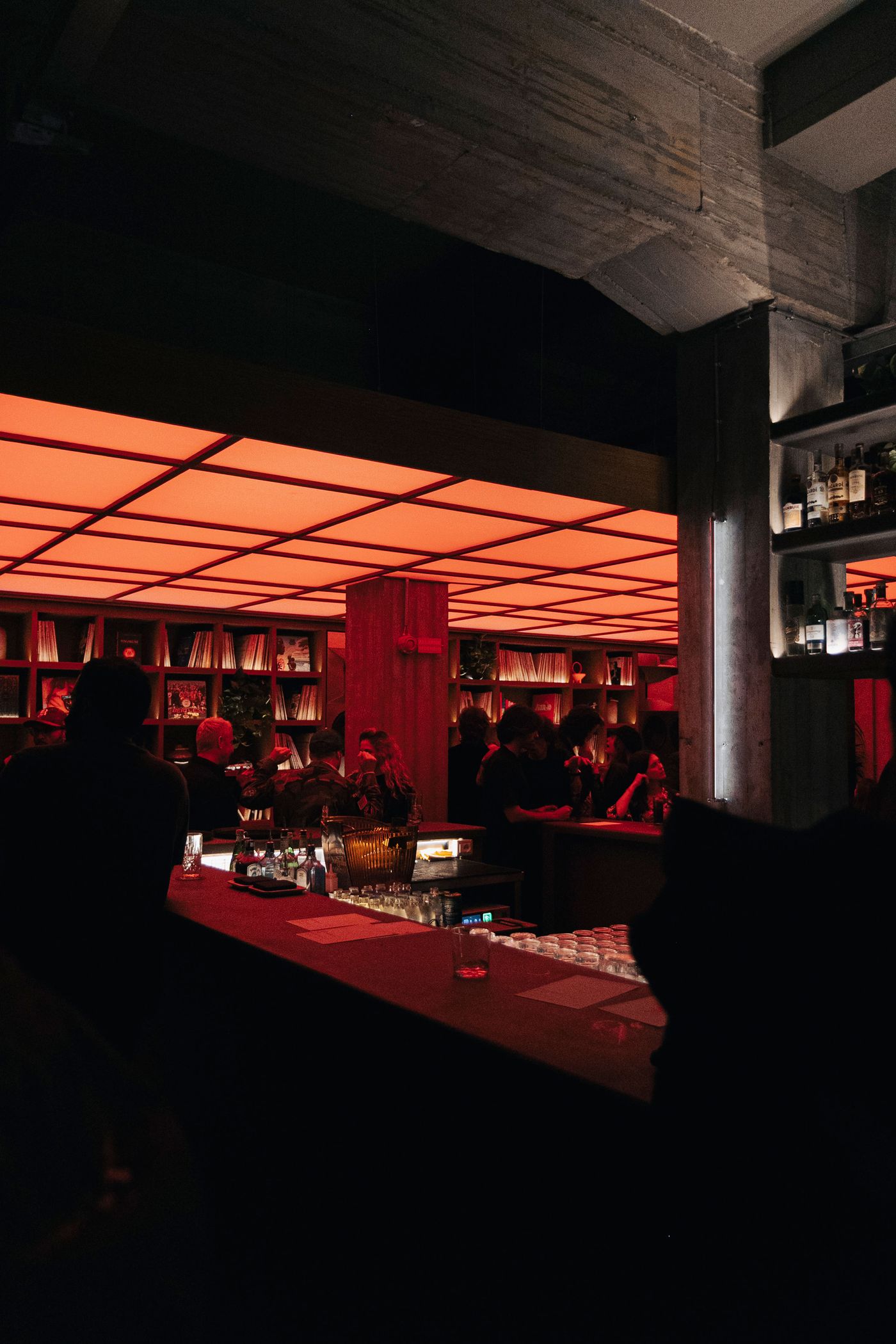 A dimly lit bar with red lighting, a wooden counter, shelves of records, and patrons enjoying drinks and conversation. A dimly lit bar with red lighting, a wooden counter, shelves of records, and patrons enjoying drinks and conversation.