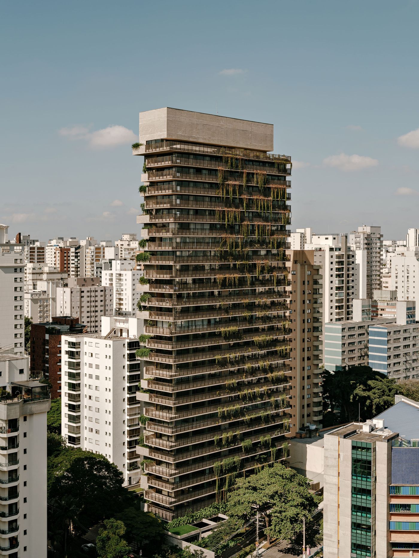 An impressive panoramic view of the Ibaté residential tower by Studio Arthur Casas, rising amidst the urban landscape of São Paulo. Its brutalist concrete structure is softened by an abundance of integrated vertical greenery, presenting a compelling vision of biophilic architecture in a dense city. An impressive panoramic view of the Ibaté residential tower by Studio Arthur Casas, rising amidst the urban landscape of São Paulo. Its brutalist concrete structure is softened by an abundance of integrated vertical greenery, presenting a compelling vision of biophilic architecture in a dense city.