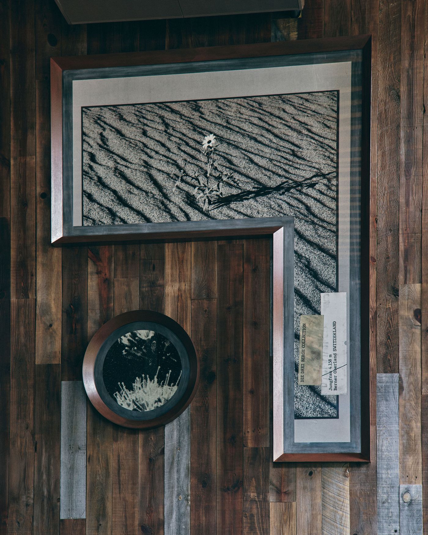 A framed black-and-white photograph of a flower in sandy texture, paired with a circular artwork, mounted on a wooden wall.
