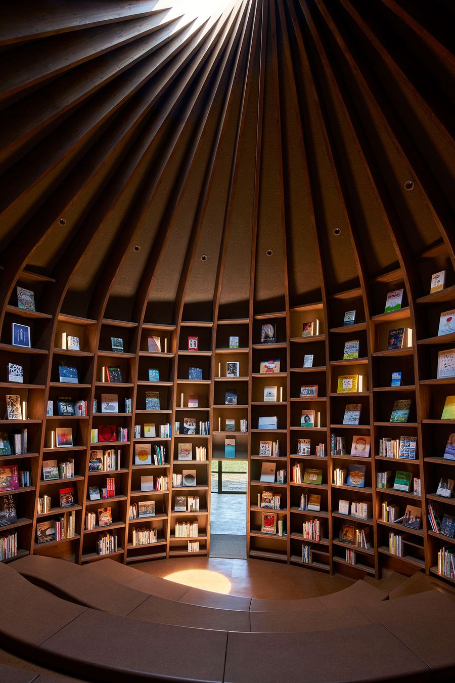 A spacious, circular library with wooden shelves filled with books, illuminated by natural light filtering through a domed ceiling. A spacious, circular library with wooden shelves filled with books, illuminated by natural light filtering through a domed ceiling.