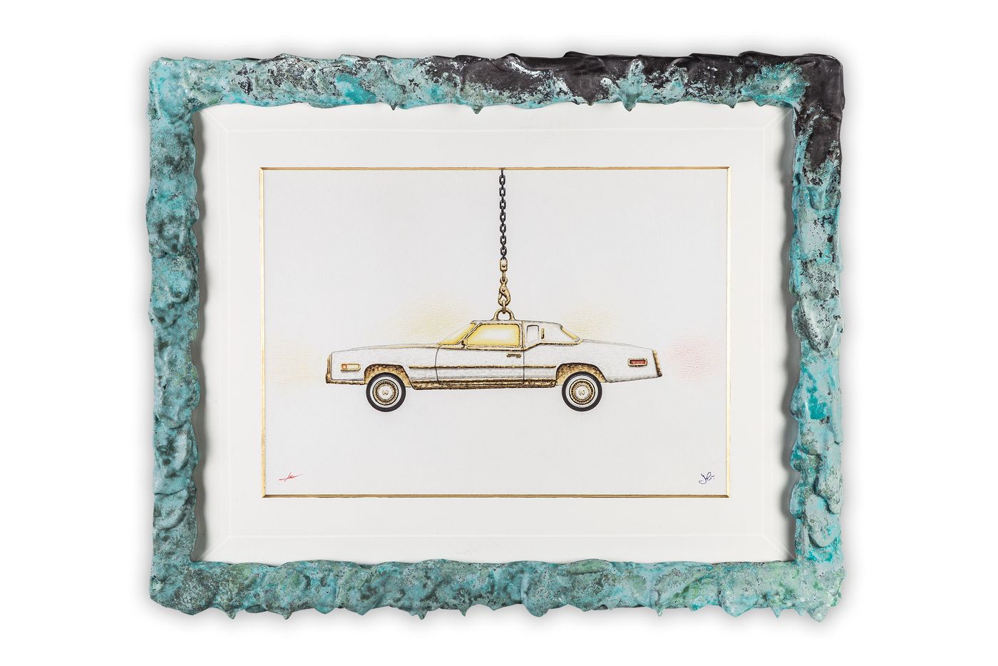 Studio Job, Eldorado, 2019. Drawing in crayon, felt-tip, ink, and 24k gold on paper. Patinated frame with faceted glass.
Courtesy of R &amp; Company and Studio Job.