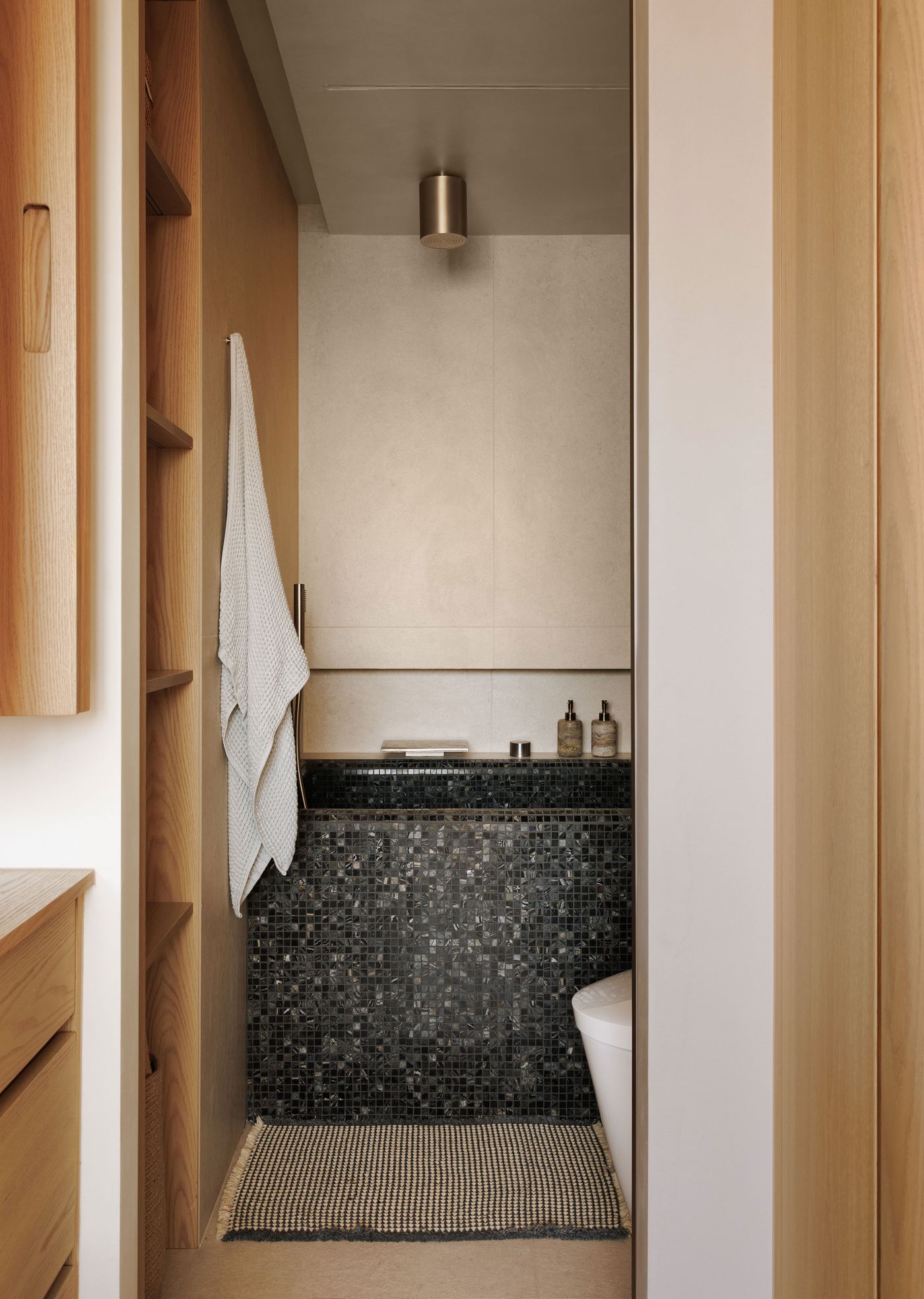 A compact yet stylish powder room, demonstrating efficient and elegant design. The back wall is clad in dark, iridescent mosaic tiles, contrasting with light, minimalist wall tiles above. A simple white toilet and a woven rug add functionality, while warm wooden shelving on the left provides discreet storage, reflecting a clever use of space.