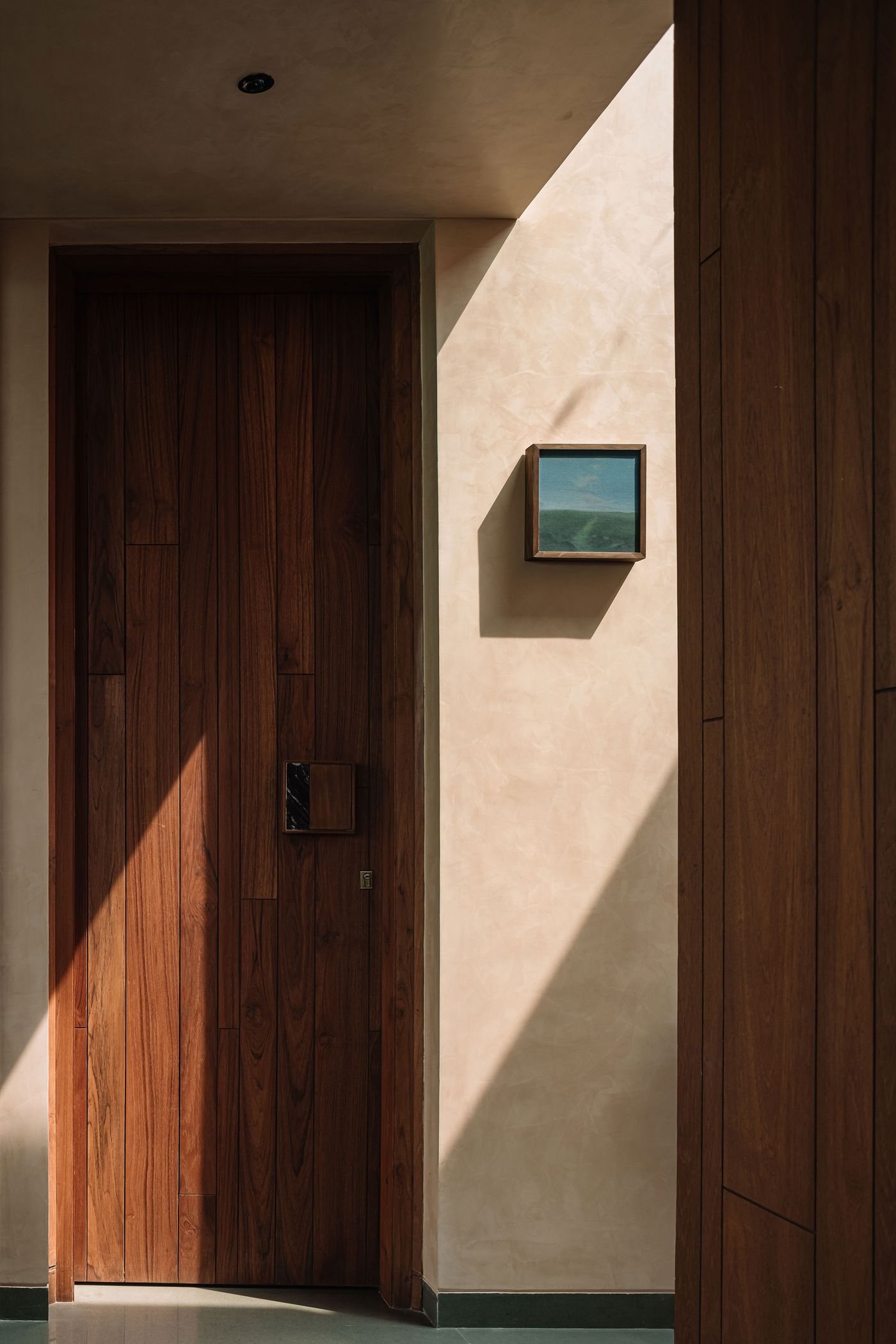 A warm wooden door with horizontal paneling stands beside a subtle, framed artwork on a soft, textured wall. Sunlight streams across the wall and floor, creating dynamic shadows and highlighting the tactile surfaces. The composition emphasizes the interplay of natural light, warm wood, and muted tones, embodying a refined minimalist aesthetic.