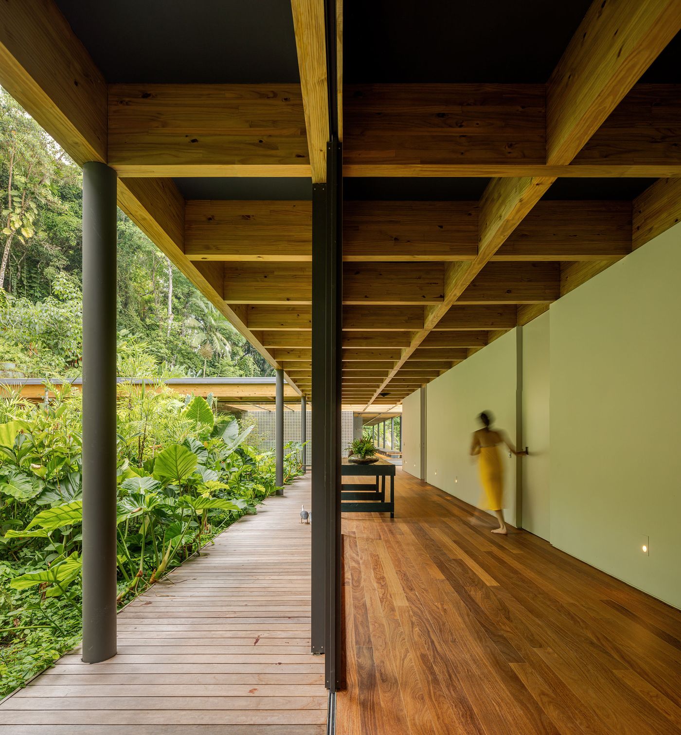 A long, open corridor with rich wooden flooring and an exposed timber ceiling structure defines a seamless transition between interior and exterior. On one side, a vibrant wall of tropical plants flourishes, while on the other, a figure walks through the minimalist space, emphasizing the deep connection to nature within the architecture. A long, open corridor with rich wooden flooring and an exposed timber ceiling structure defines a seamless transition between interior and exterior. On one side, a vibrant wall of tropical plants flourishes, while on the other, a figure walks through the minimalist space, emphasizing the deep connection to nature within the architecture.