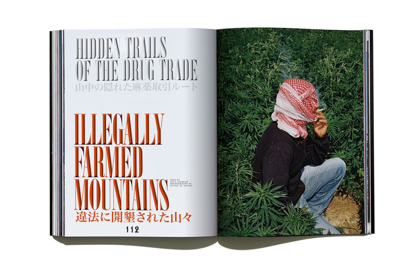 An open magazine page features a person in a red-and-white checkered scarf among green cannabis plants, with bold text about the drug trade.