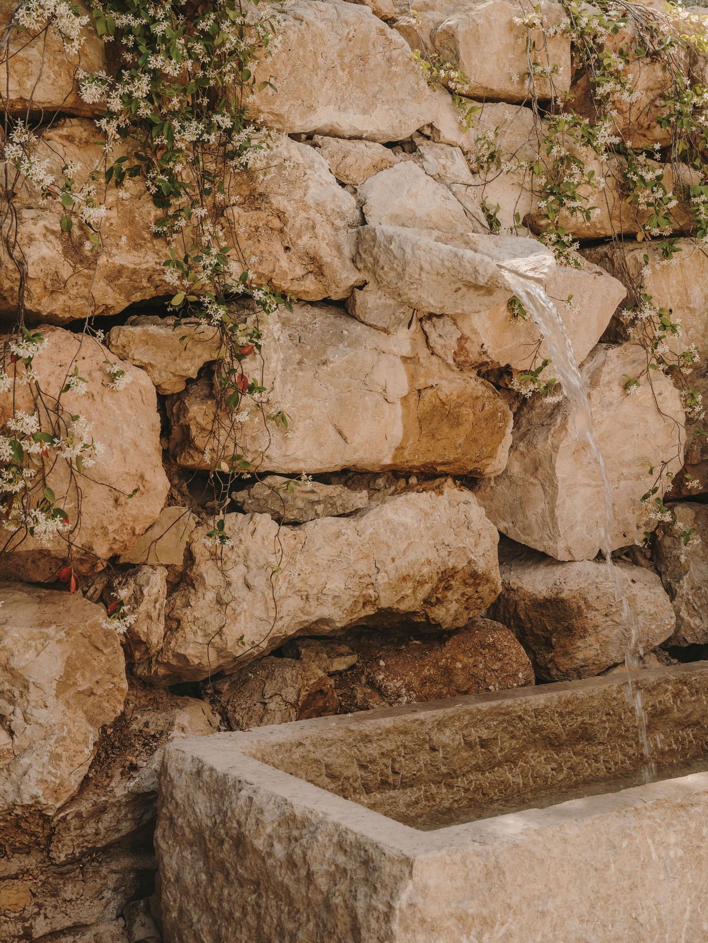 A stone wall adorned with cascading flowers next to a stone basin, from which a gentle stream of water flows.