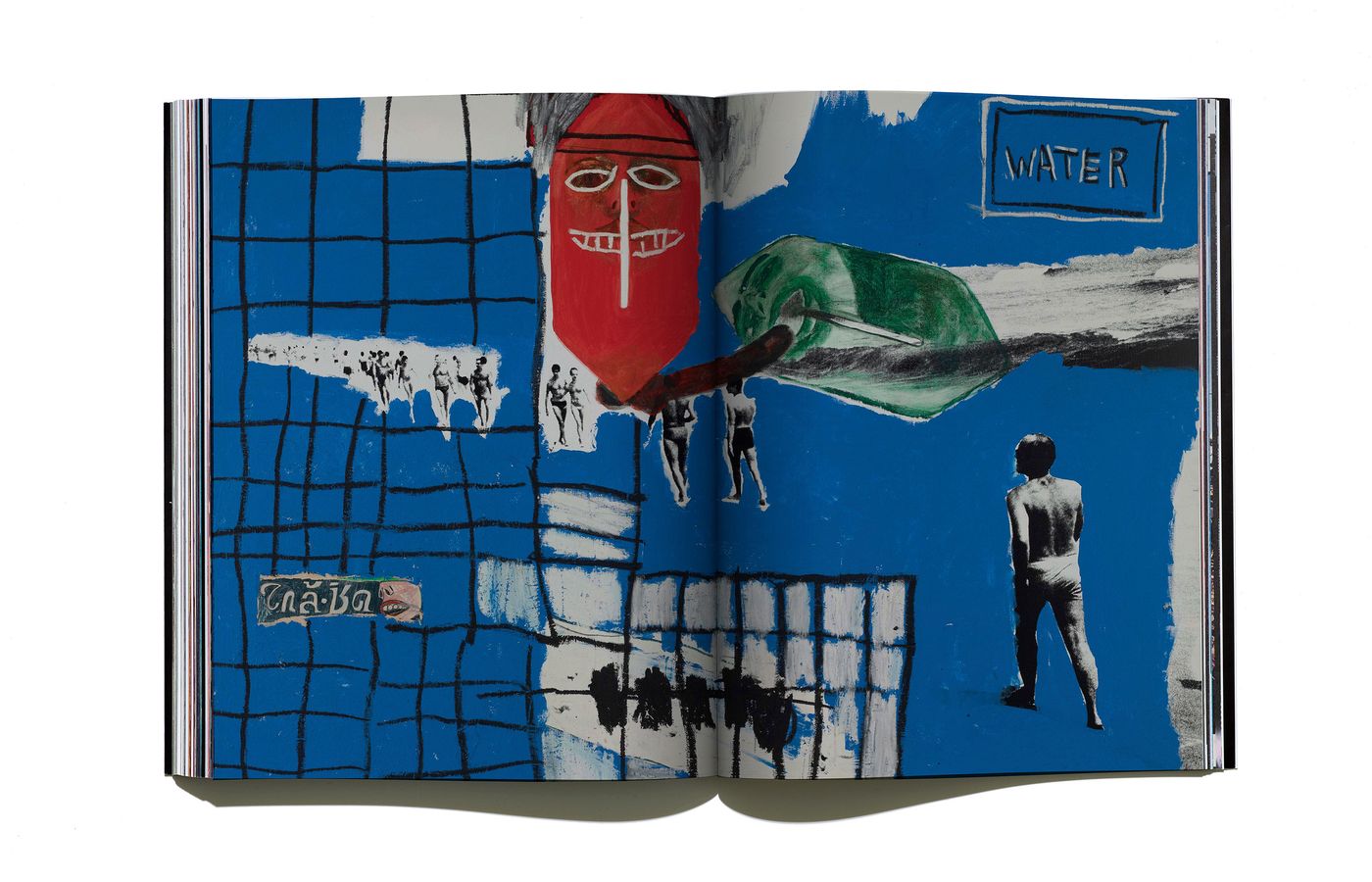 An open book featuring abstract artwork with a blue background, black grid lines, and multiple figures in monochrome against vibrant colors.