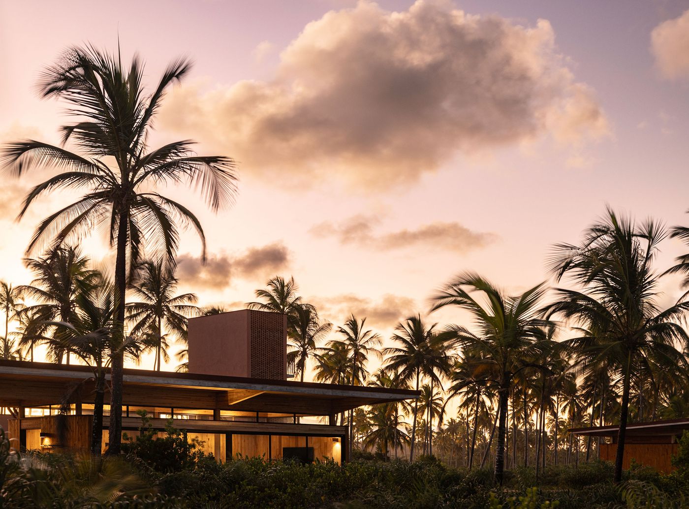A modern building with a distinctive peach-toned tower stands amidst silhouetted palm trees under a soft, twilight sky. Warm interior lighting emanates from the expansive windows, creating an inviting contrast with the fading light of the tropical evening. A modern building with a distinctive peach-toned tower stands amidst silhouetted palm trees under a soft, twilight sky. Warm interior lighting emanates from the expansive windows, creating an inviting contrast with the fading light of the tropical evening.