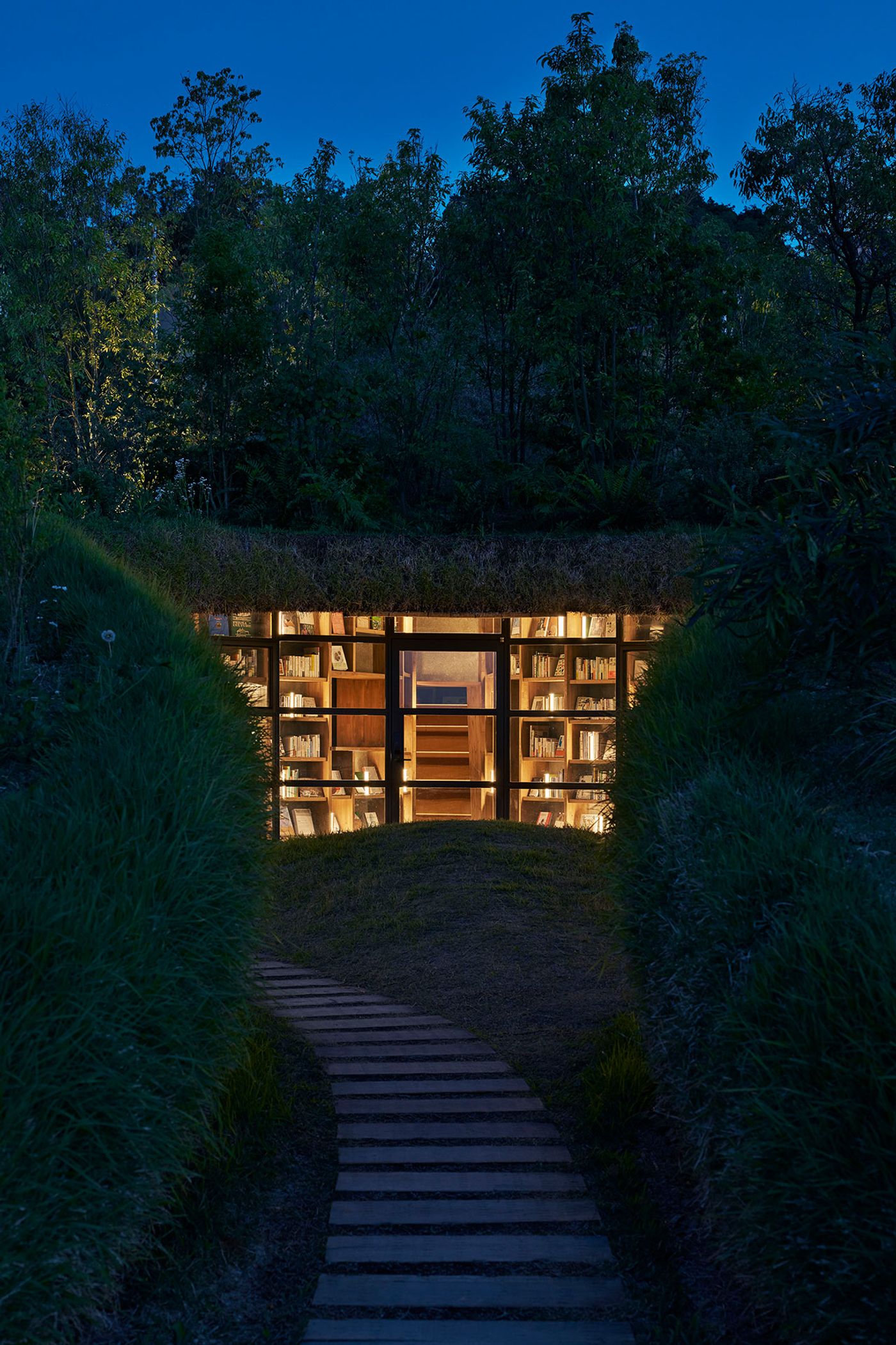 A cozy, illuminated library nestled in a hillside, framed by lush greenery and a winding wooden path. Soft evening light glows from within. A cozy, illuminated library nestled in a hillside, framed by lush greenery and a winding wooden path. Soft evening light glows from within.