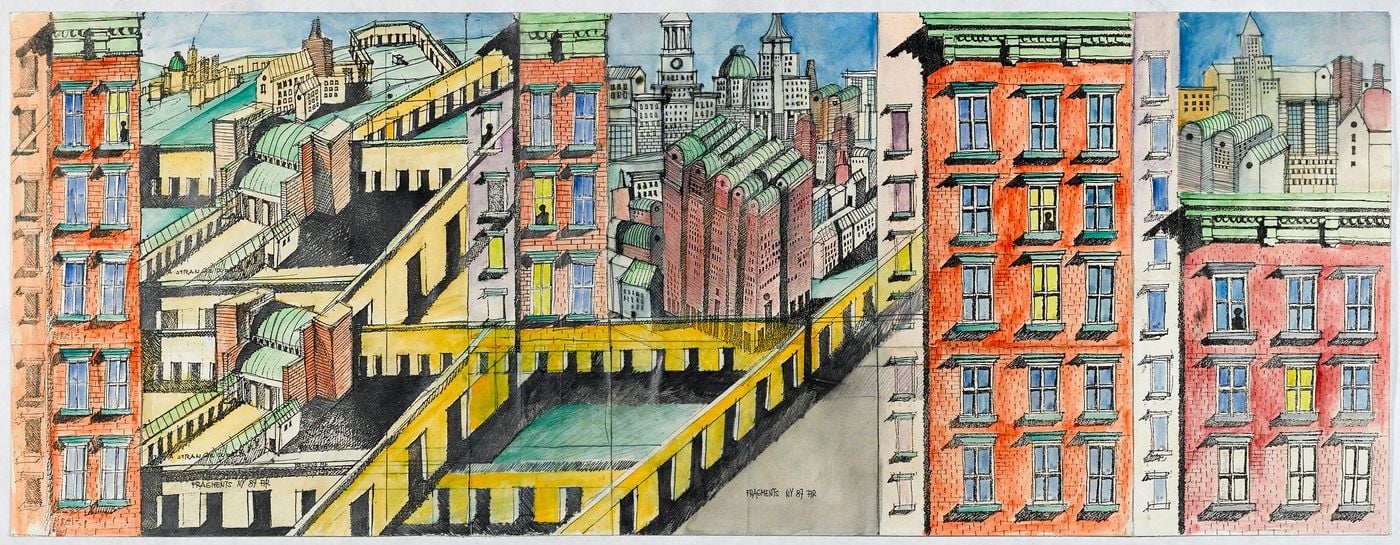 This watercolor illustration depicts a vibrant, stylized cityscape. The perspective draws the eye through a series of interconnected urban blocks, characterized by brick facades, distinct window patterns, and varying rooflines. A prominent yellow elevated walkway or structure adds a geometric element against the backdrop of a distant city skyline. The palette is a mix of earthy tones, punctuated by colorful window frames, evoking a lively yet structured urban environment.