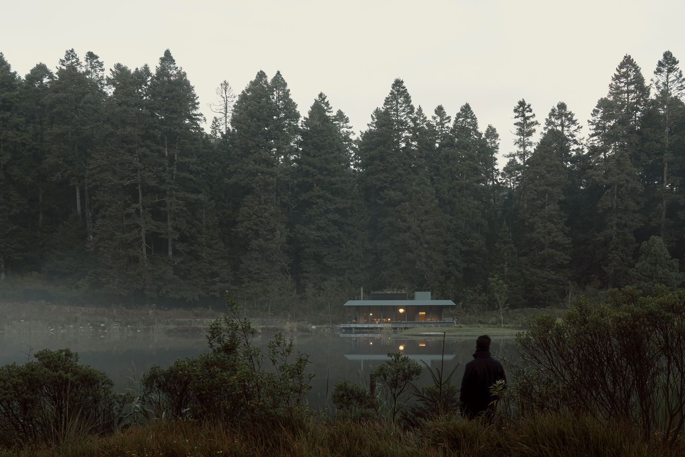 A person stands by a misty lake, gazing at a modern cabin nestled among tall, lush trees reflecting on the water.