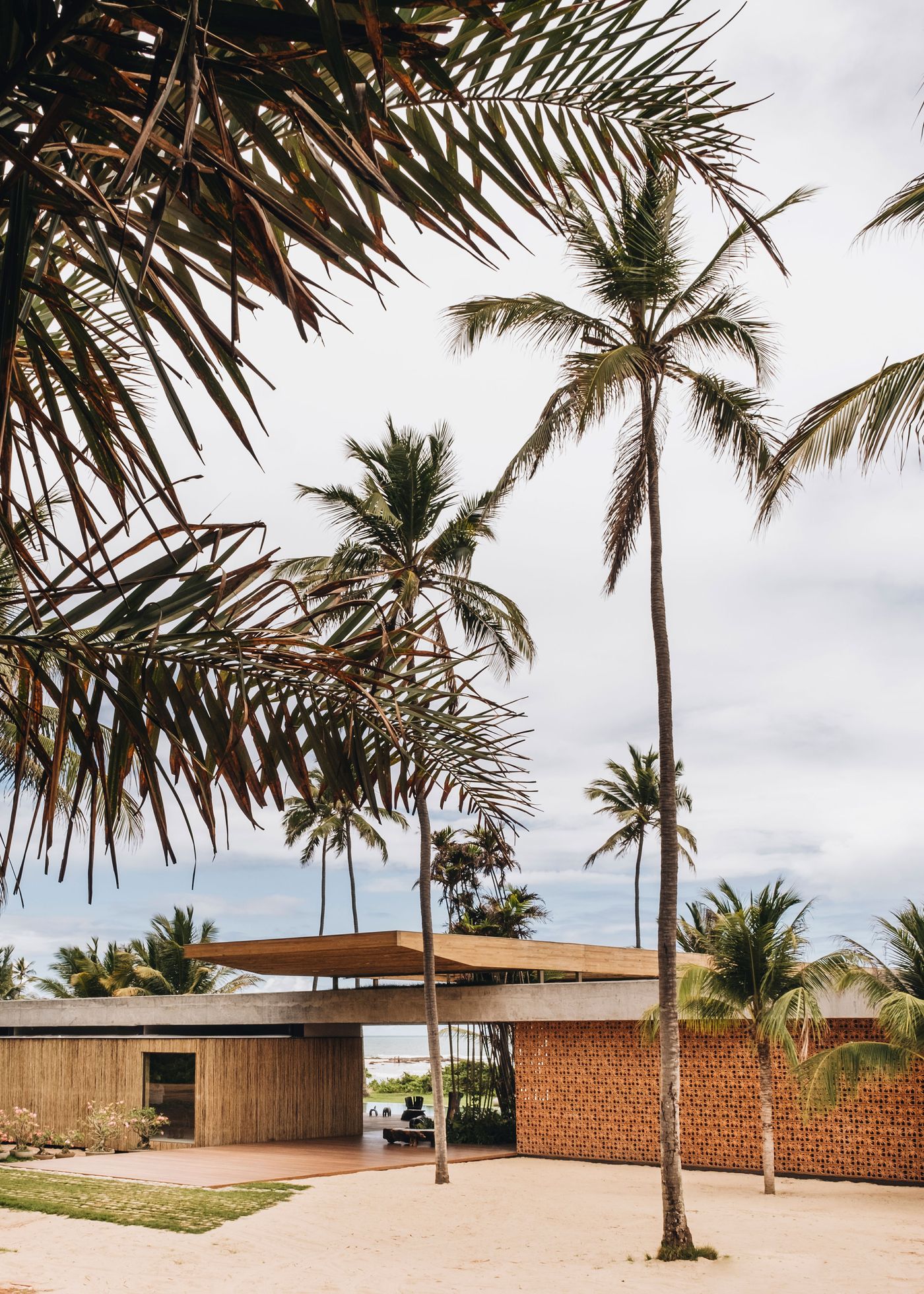 Tropical beach house surrounded by palm trees, featuring a modern design with wooden and brick elements under a cloudy sky.