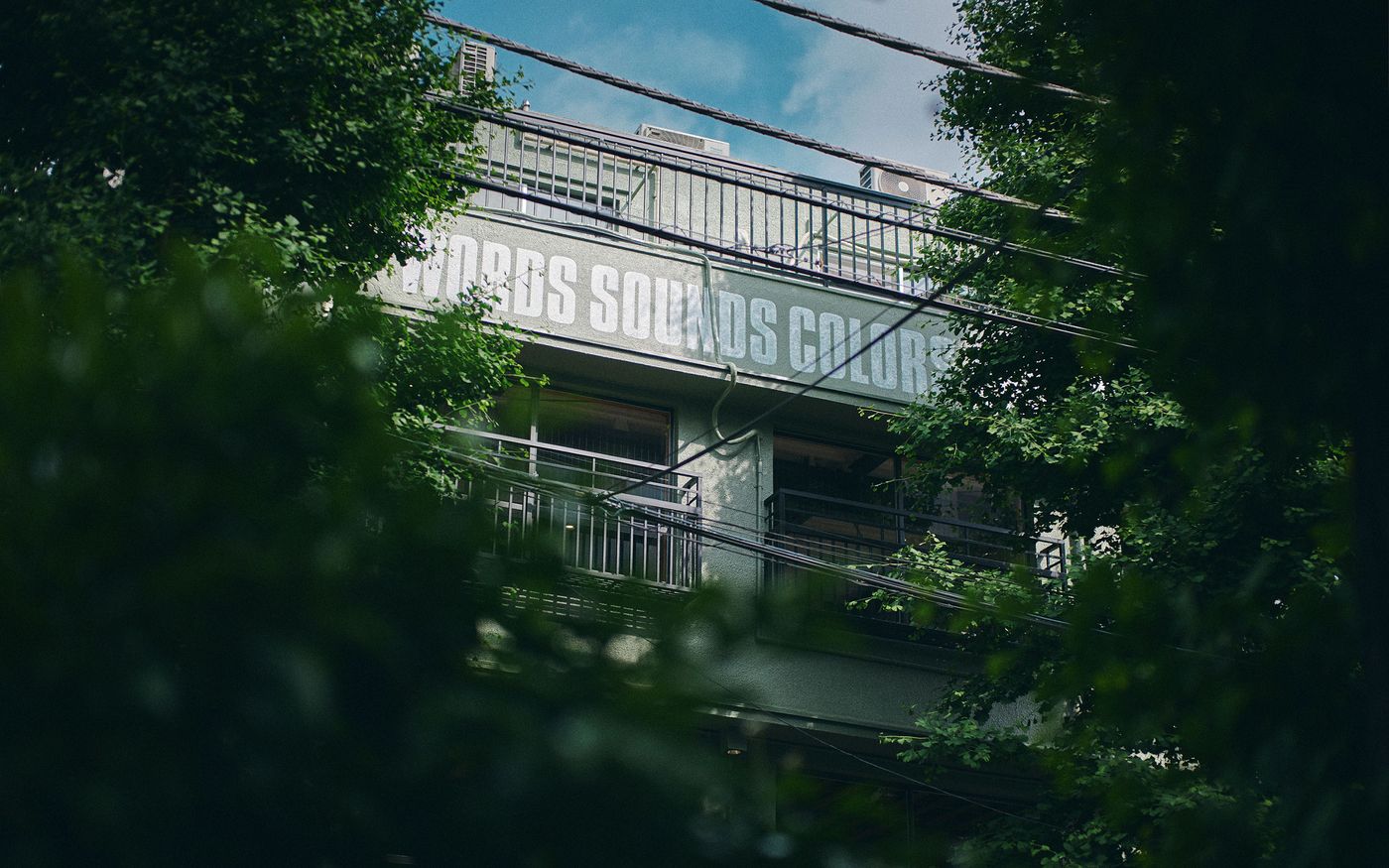 A building partially obscured by greenery, featuring the phrase "Words Sounds Colors" prominently painted on its wall under a blue sky.