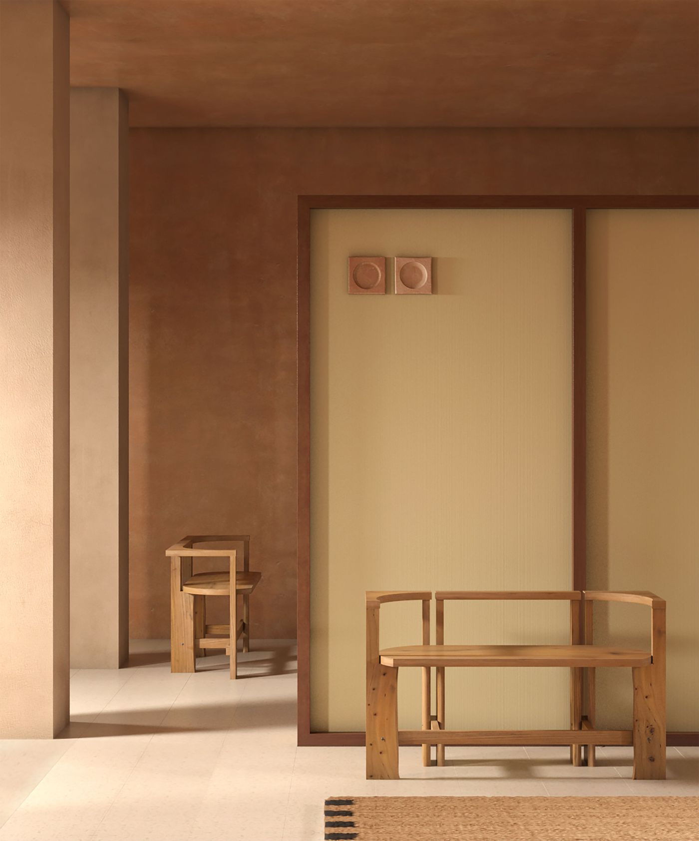 This image features a serene space with a warm, textured ochre wall and a light-toned floor. Two wooden chairs, one in the foreground and another further back, exhibit a simple, Japandi-inspired design with clean lines. A large, light yellow textured panel divides the space, creating depth. The overall aesthetic is minimalist and organic, emphasizing natural materials and a tranquil atmosphere.