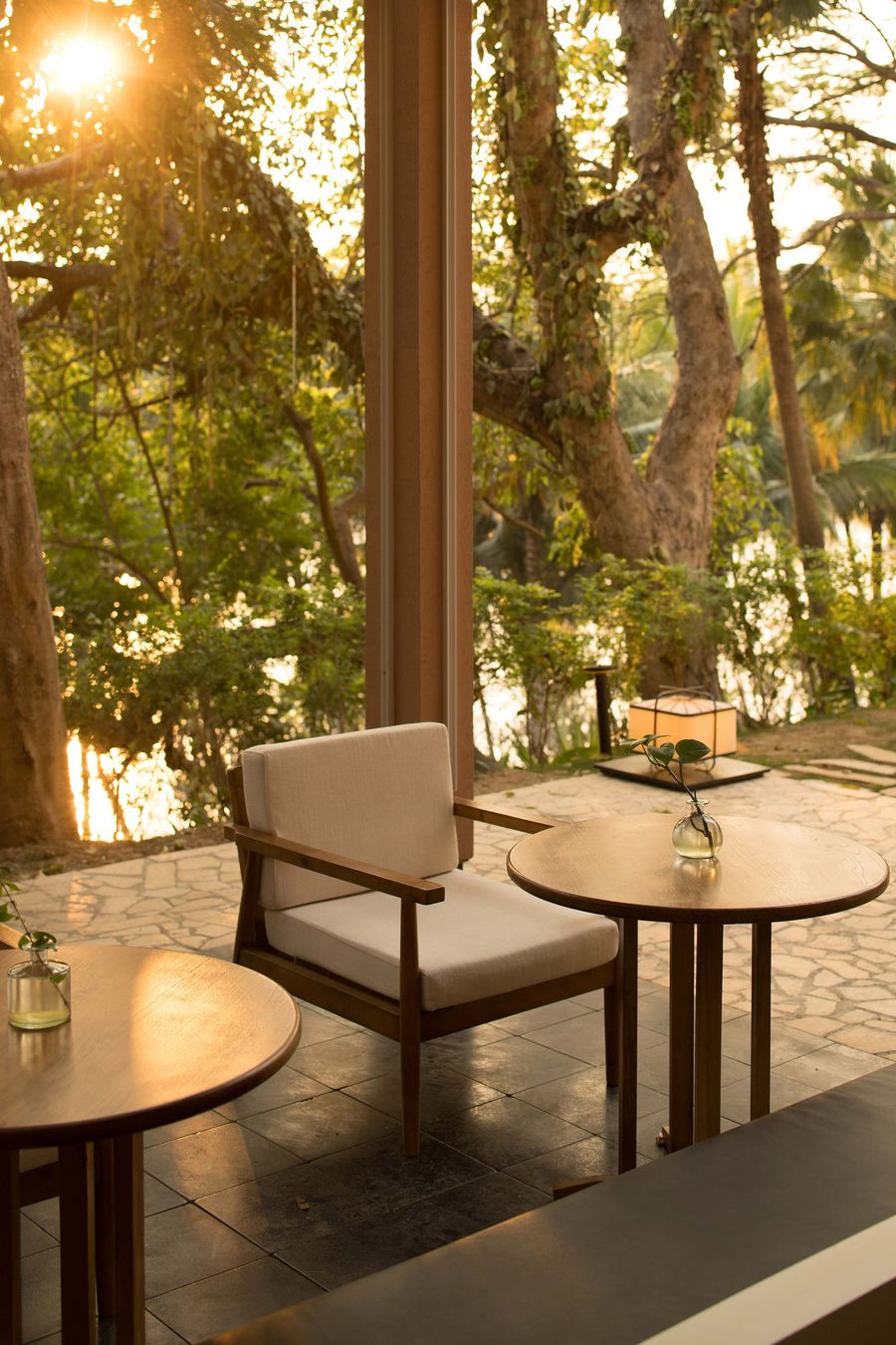 A cozy outdoor seating area with a wooden chair and tables, surrounded by lush greenery and warm sunlight filtering through trees. A cozy outdoor seating area with a wooden chair and tables, surrounded by lush greenery and warm sunlight filtering through trees.