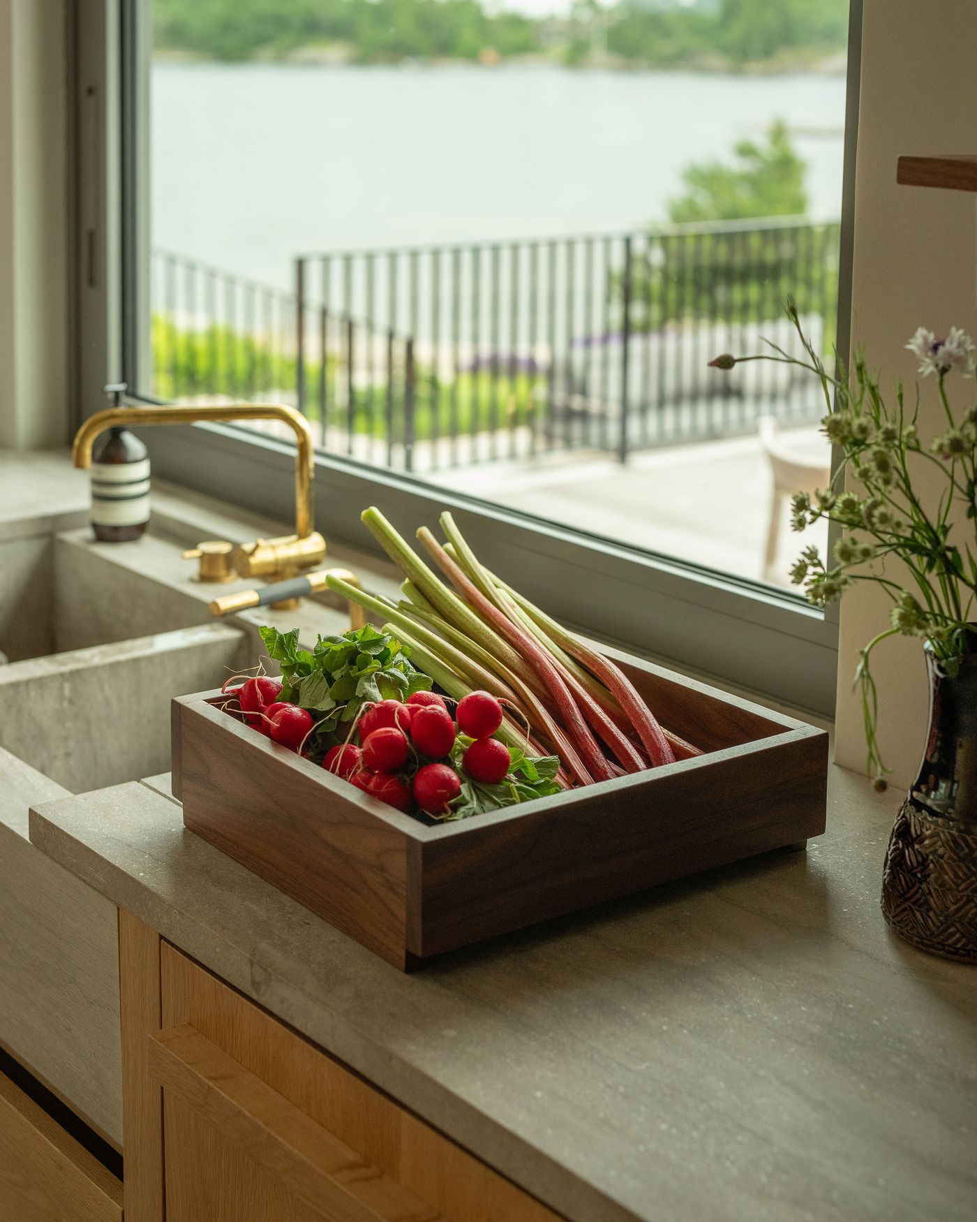 A wooden tray filled with fresh radishes and rhubarb sits on a kitchen countertop near a window overlooking a scenic view.