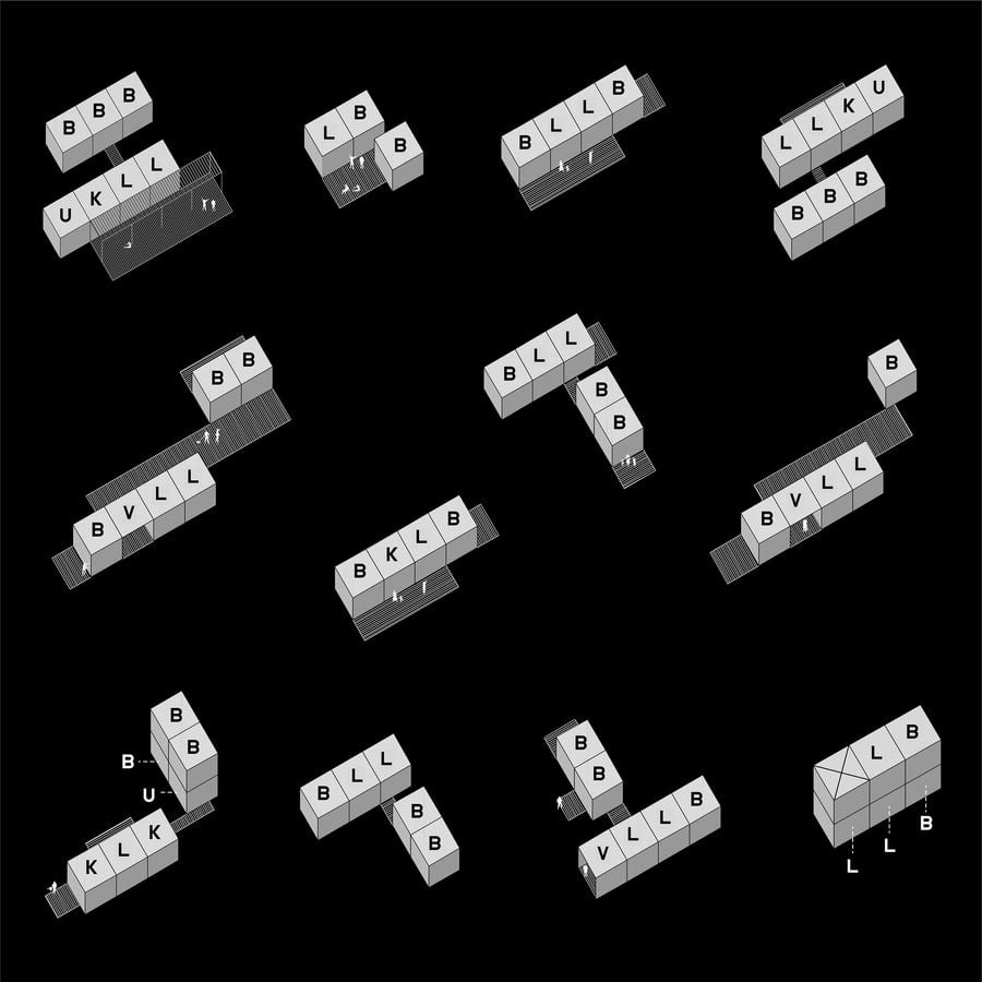 A series of black and white isometric diagrams showcases diverse arrangements of modular units, including Living (L), Bedroom (B), Kitchen (K), and Utility (U) spaces. The varying compositions, connected by shaded walkways, illustrate the project's versatile and expandable design system. A series of black and white isometric diagrams showcases diverse arrangements of modular units, including Living (L), Bedroom (B), Kitchen (K), and Utility (U) spaces. The varying compositions, connected by shaded walkways, illustrate the project's versatile and expandable design system.