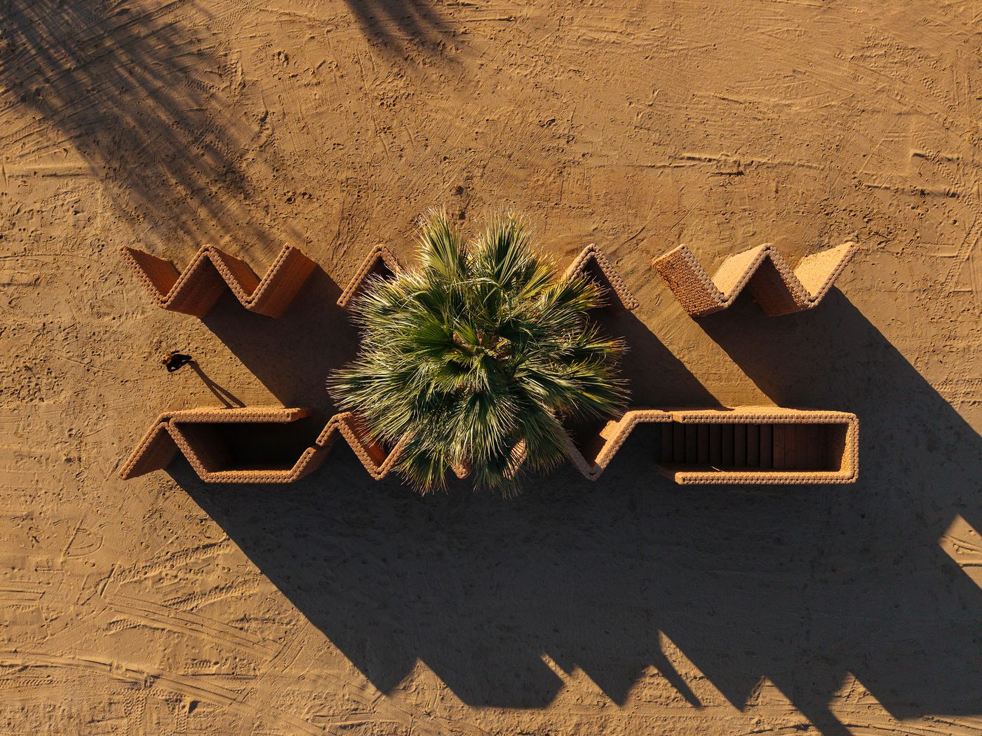 Aerial view of unique zigzag walls surrounding a palm tree on sandy ground, casting long shadows in warm sunlight. Aerial view of unique zigzag walls surrounding a palm tree on sandy ground, casting long shadows in warm sunlight.