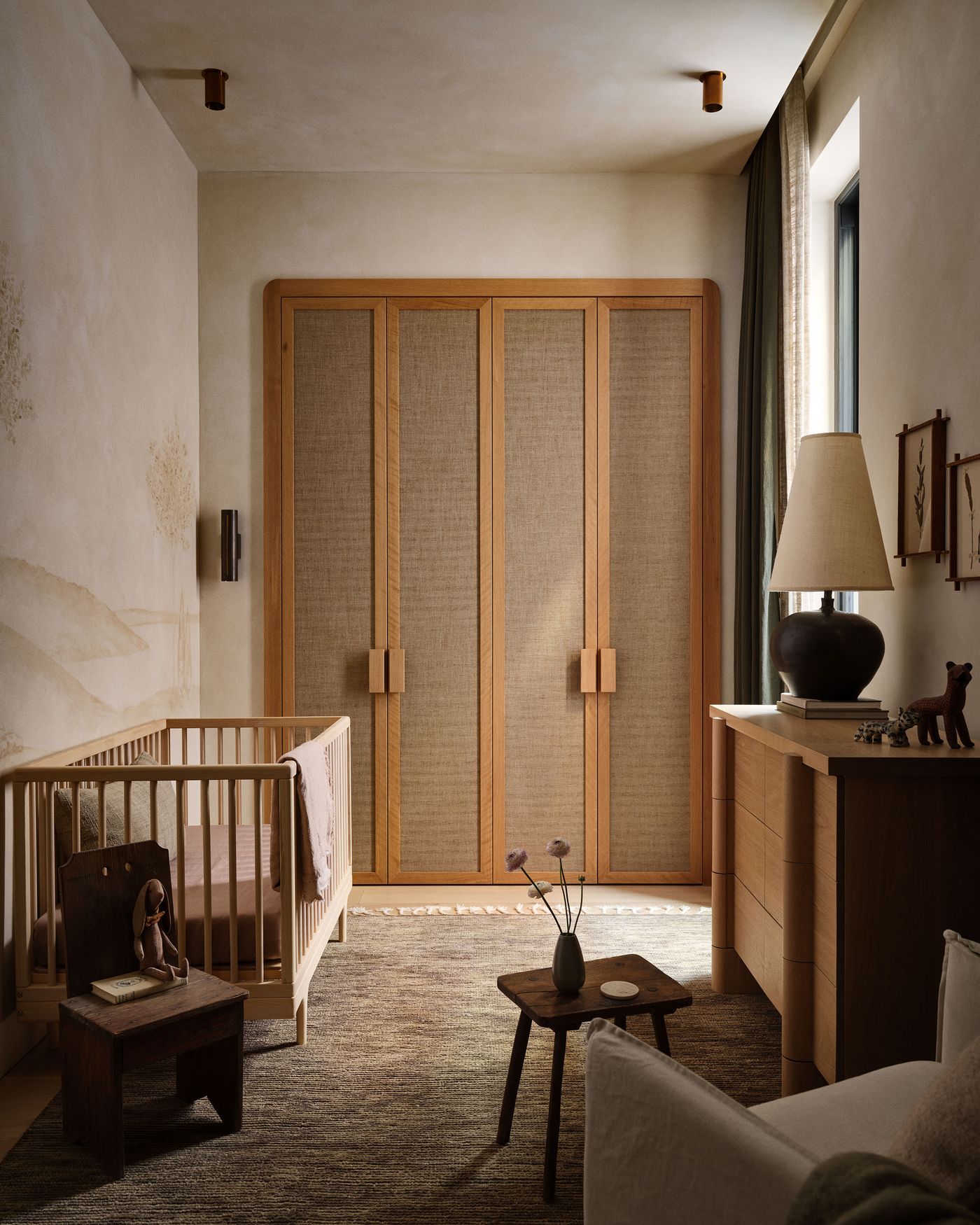 Cozy nursery featuring a wooden crib, soft textiles, and warm lighting, complemented by natural decor and wooden furniture. Cozy nursery featuring a wooden crib, soft textiles, and warm lighting, complemented by natural decor and wooden furniture.