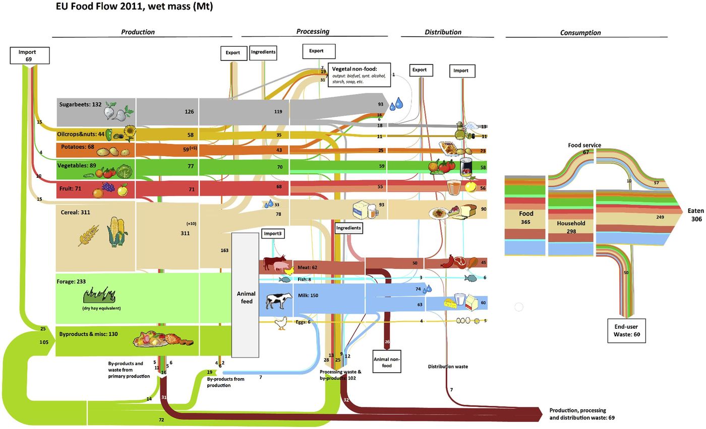 Infographic depicting the 2011 EU food flow, detailing production, processing, distribution, and consumption of various food items.
