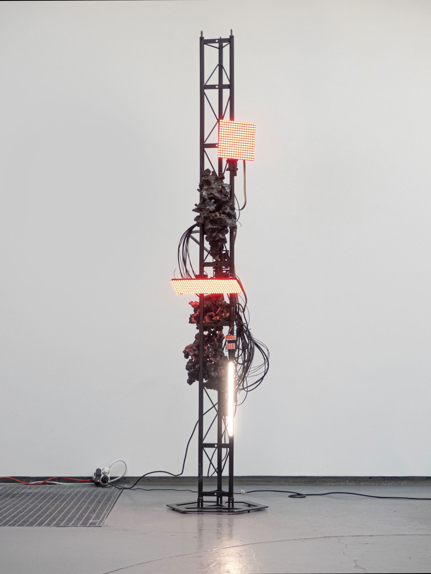 A tall black metal structure with red lights and cables, featuring an organic, textured element at its center against a white wall. A tall black metal structure with red lights and cables, featuring an organic, textured element at its center against a white wall.