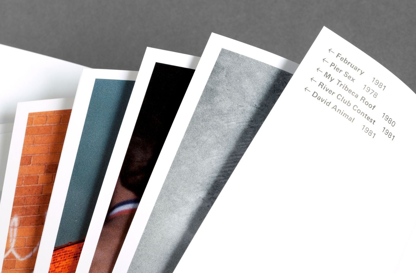 A close-up of fanned pages from Don't Worry Boys reveals slivers of photographs, from orange brickwork with white graffiti to fragments of skin and textured grey, beside a list of plate titles including Pier Sex, My Tribeca Roof and River Club Contest. The detail hints at the book's interplay of colour and duotone imagery. A close-up of fanned pages from Don't Worry Boys reveals slivers of photographs, from orange brickwork with white graffiti to fragments of skin and textured grey, beside a list of plate titles including Pier Sex, My Tribeca Roof and River Club Contest. The detail hints at the book's interplay of colour and duotone imagery.