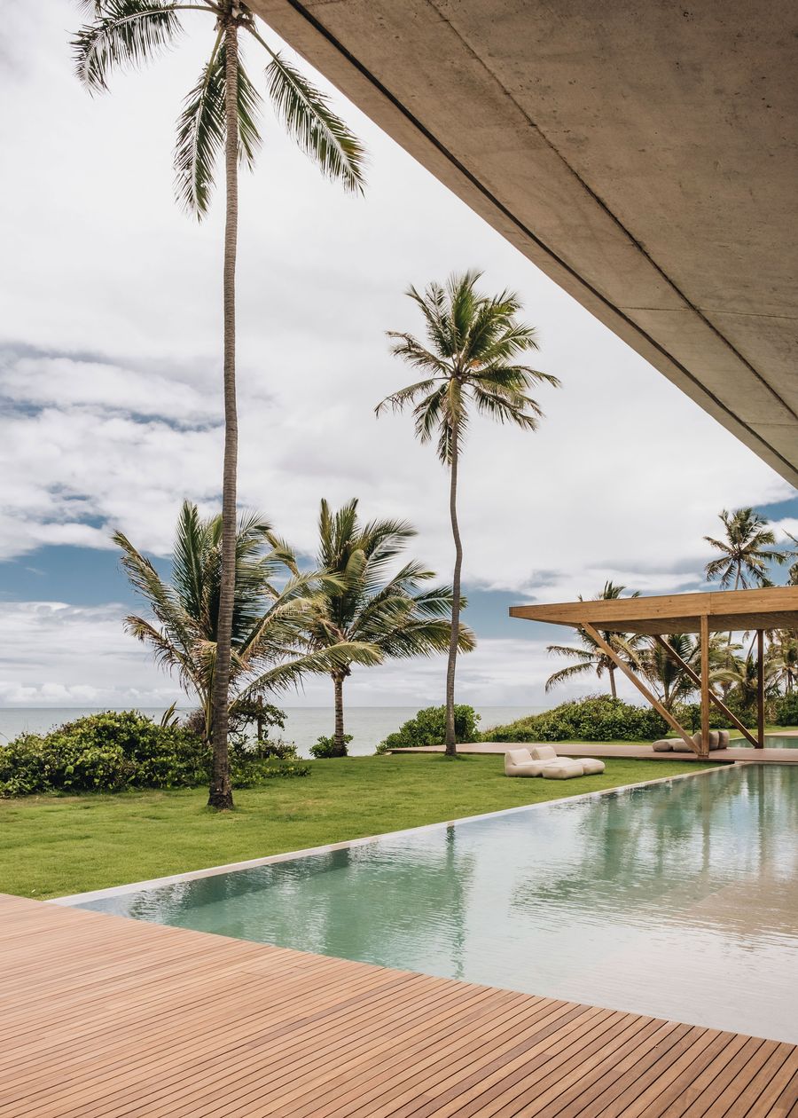 A tropical landscape featuring tall palm trees, a serene infinity pool, and modern architecture overlooking a calm ocean under cloudy skies.