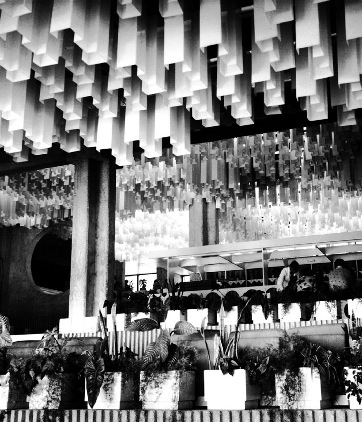 he terraced lobby of the Hotel Rubin in PorecÌ, and its impressive light and glass ceiling installation, sadly, neither of which has survived, architect: Julije De Luca, 1970. Photo © CCN Images, Zagreb.