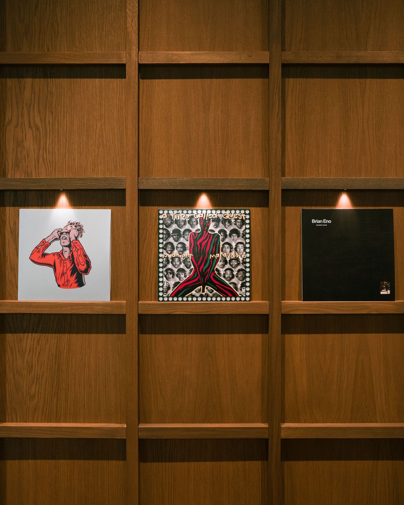 Three vinyl records displayed on wooden shelves; two have colorful artwork, while the third is a plain black cover.