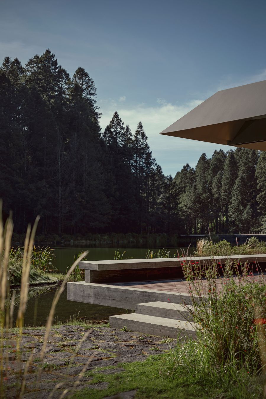 A scenic lakeside view featuring modern steps leading to a platform, surrounded by lush greenery and tall trees under a clear sky.