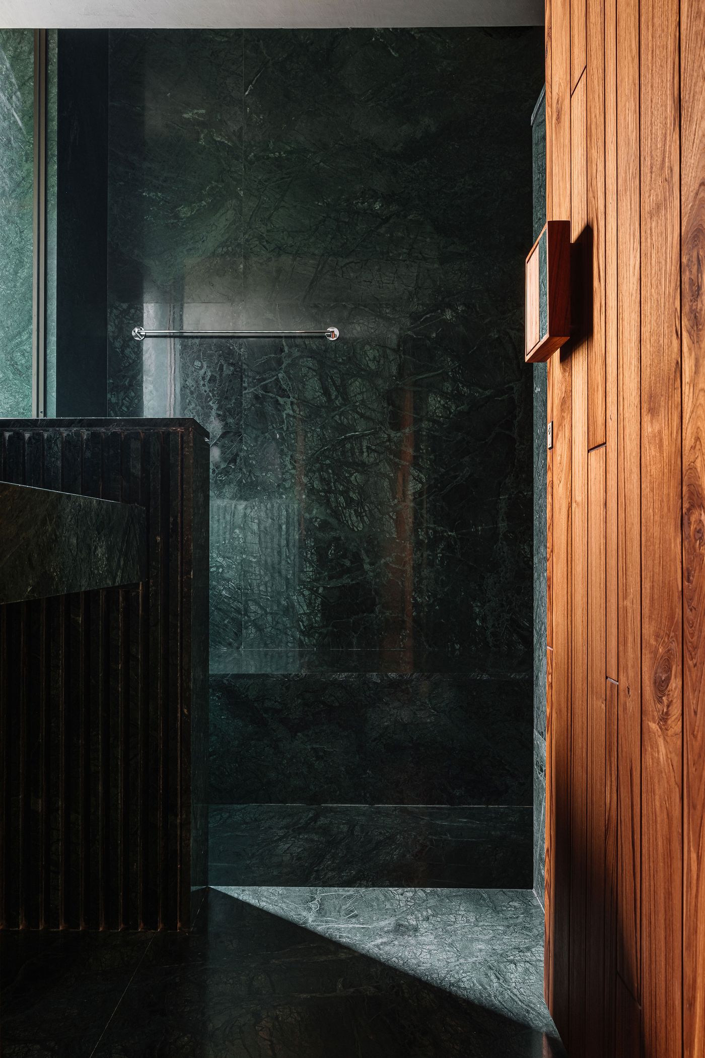 A luxurious bathroom interior showcases dark green marble walls with intricate white veining, creating a rich and opulent atmosphere. A fluted black vanity or partition adds textural contrast. A warm wooden door with a rectangular metallic handle adds warmth, completing the sophisticated material palette.