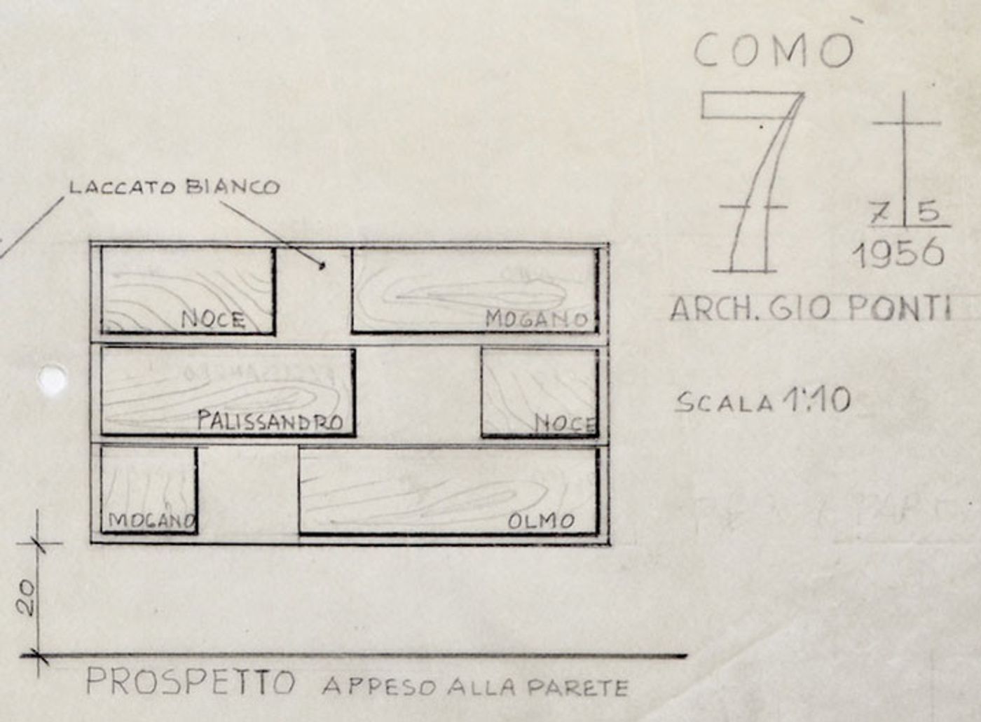 (detail) Gio Ponti’s sketch for the Cassettone series drawer cabinet, 1956. Courtesy of Gio Ponti Archives.